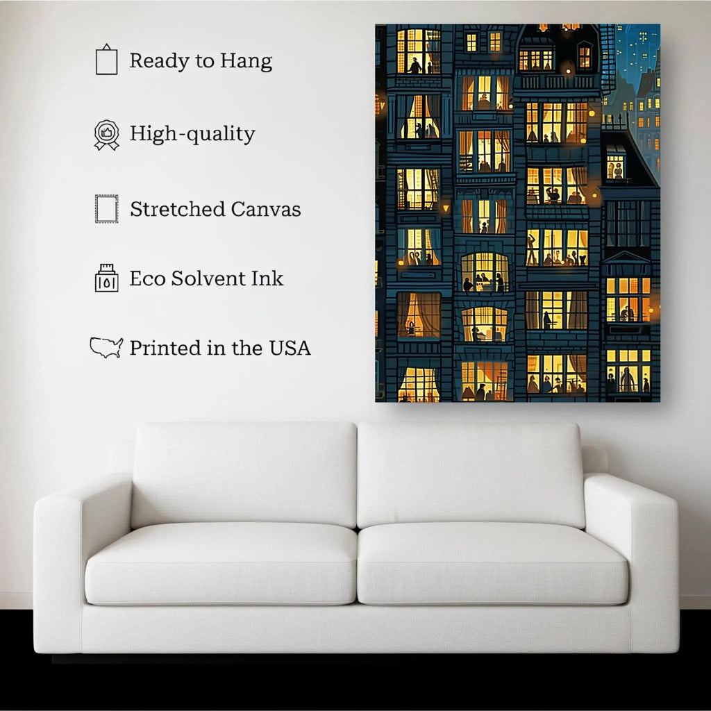 City Lights Stories canvas hanging on a living room wall above a white sofa