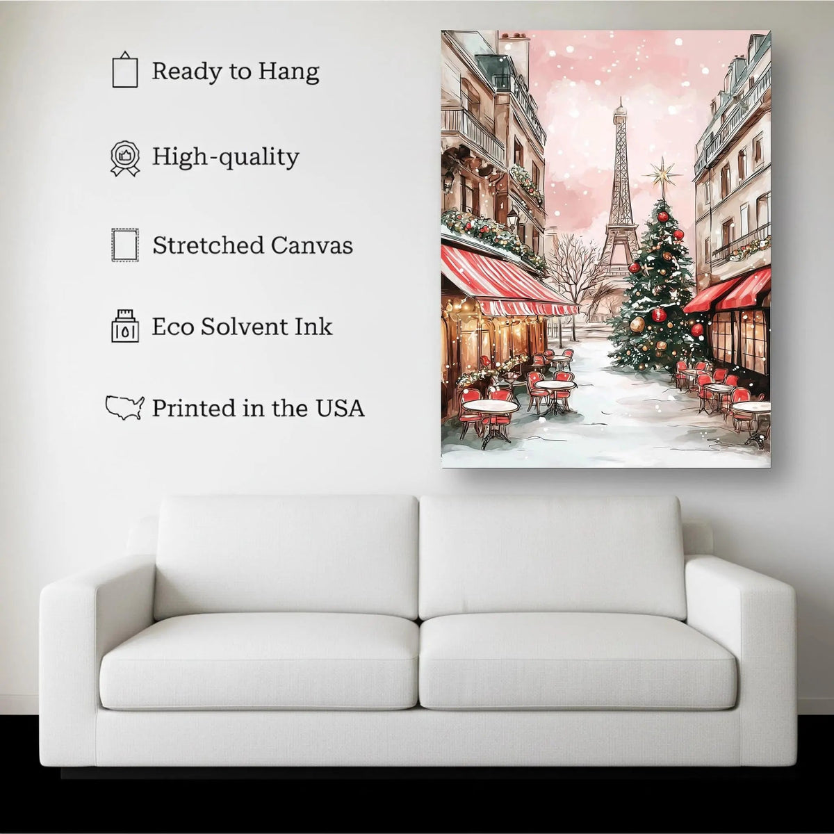 Paris Christmas Market canvas hanging on a living room wall above a white sofa