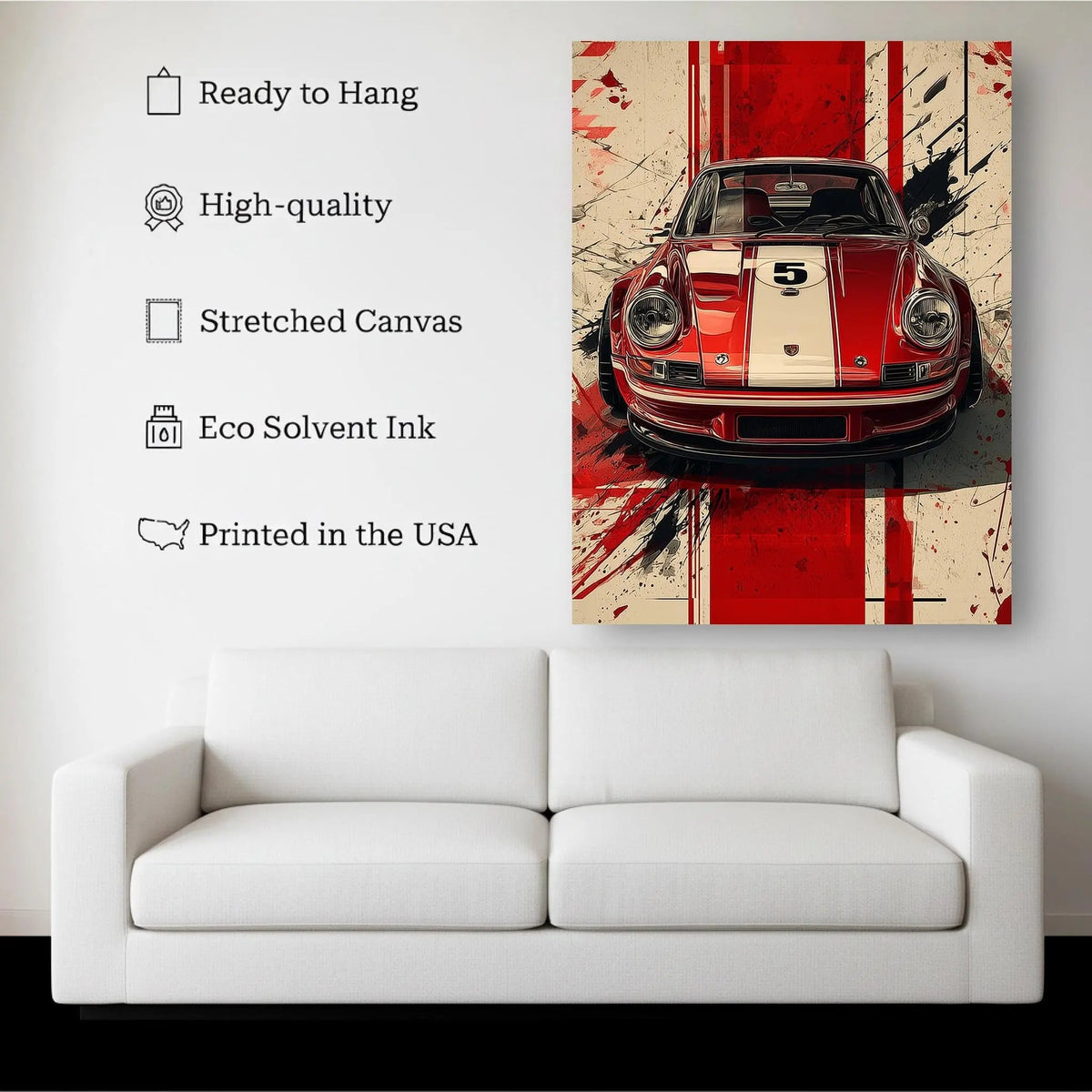 Red Legend canvas hanging on a living room wall above a white sofa