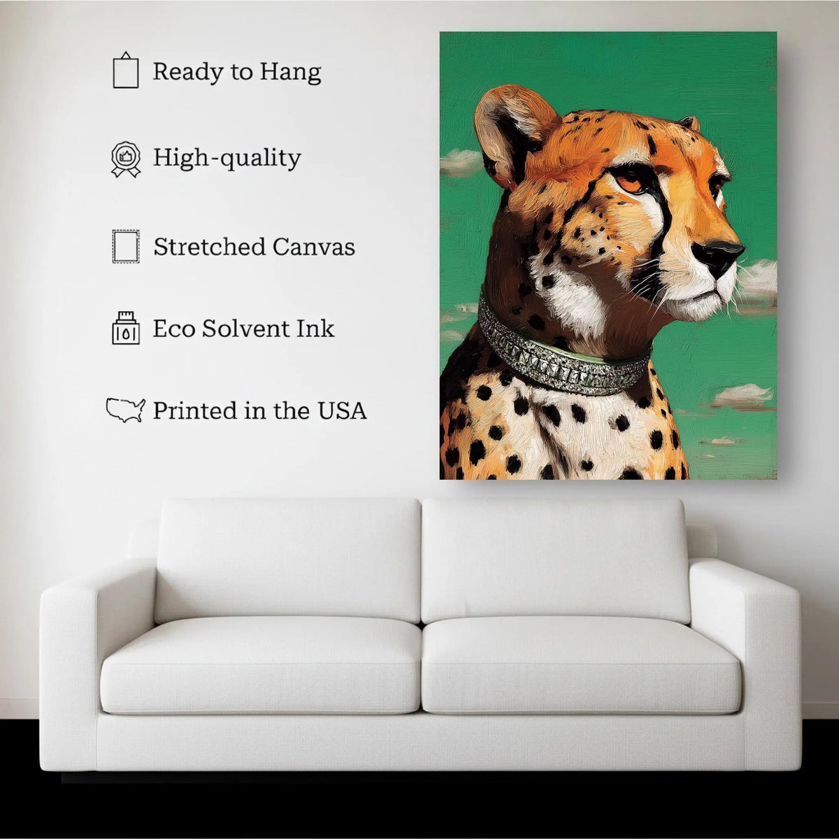 Cheetah Elegance canvas hanging on a living room wall above a white sofa