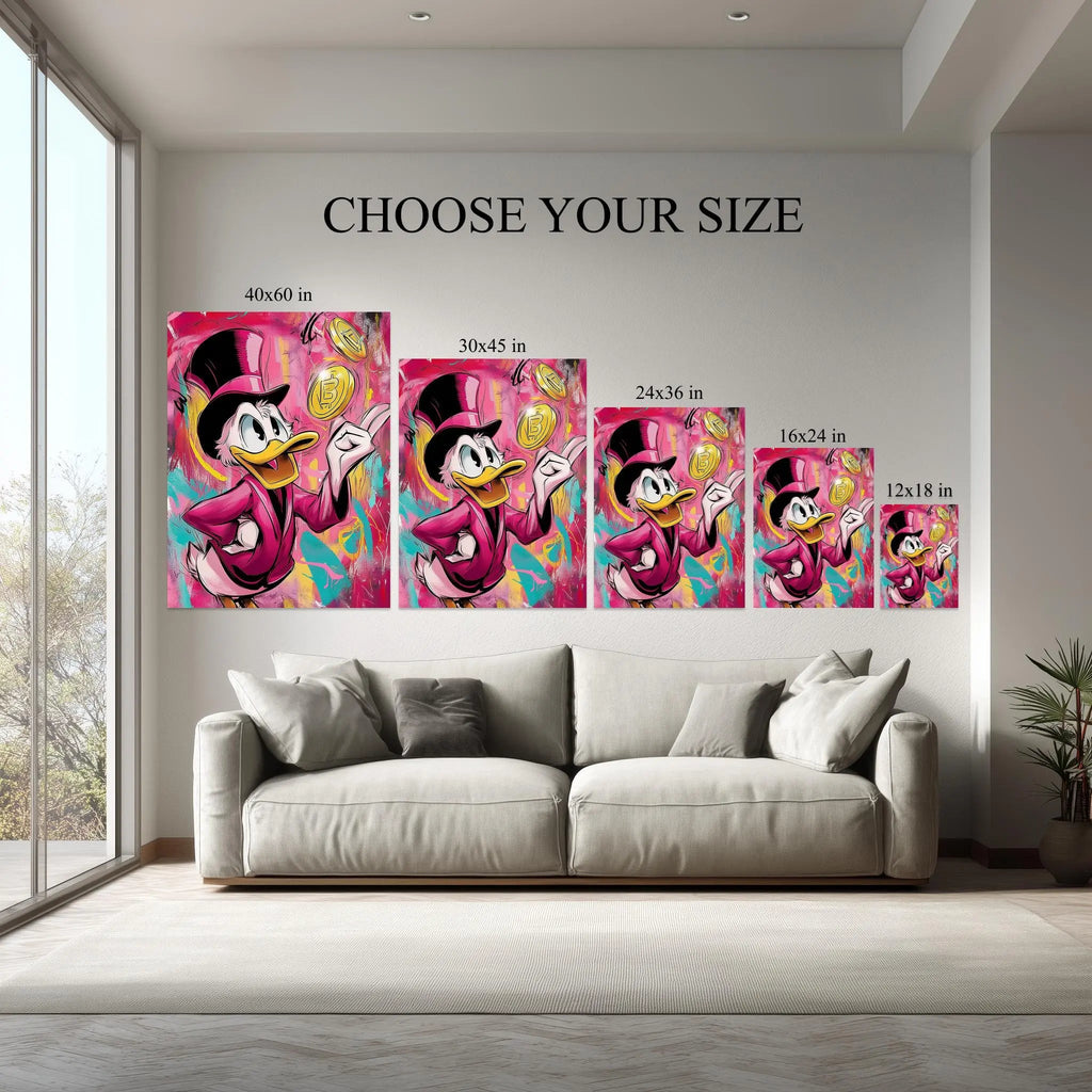 Golden Duck canvas size comparison from 12x18 to 40x60 in above a sofa