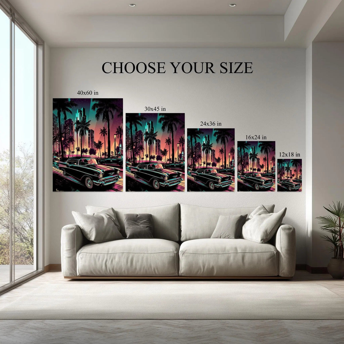 Neon Boulevard canvas size comparison from 12x18 to 40x60 in above a sofa
