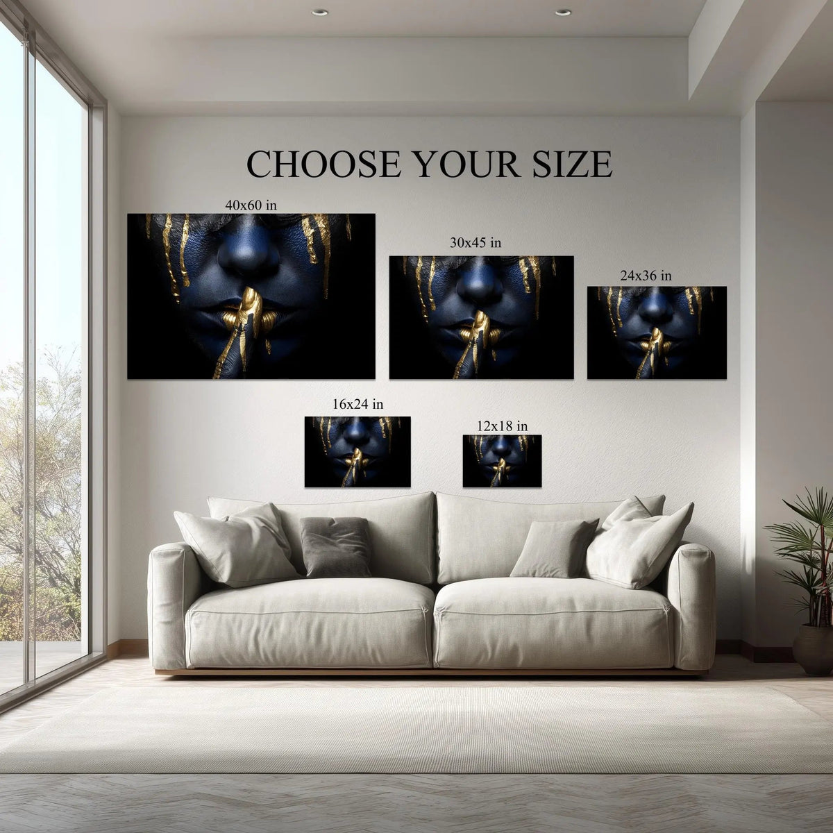 Golden Silence canvas size comparison from 12x18 to 40x60 in above a sofa