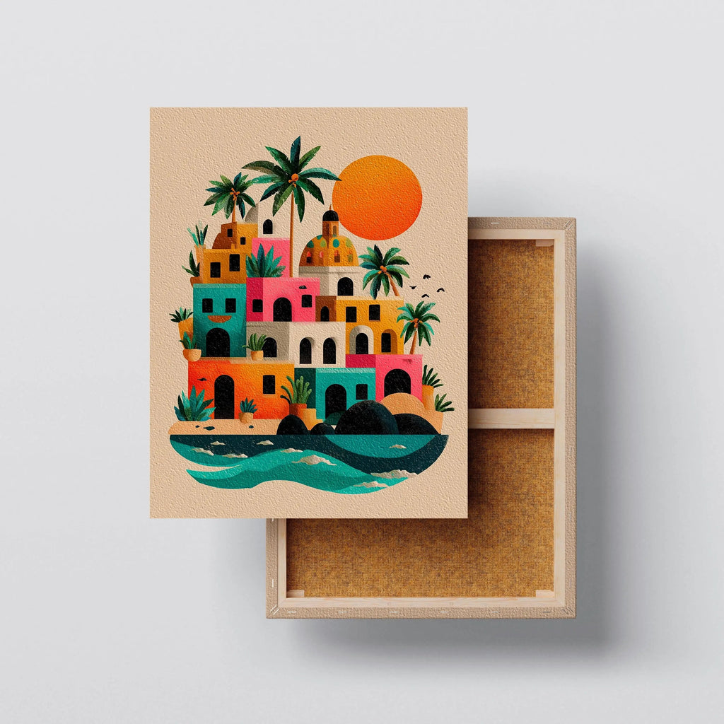 Sunlit Coastal Village canvas print, front view with gallery-wrapped edge