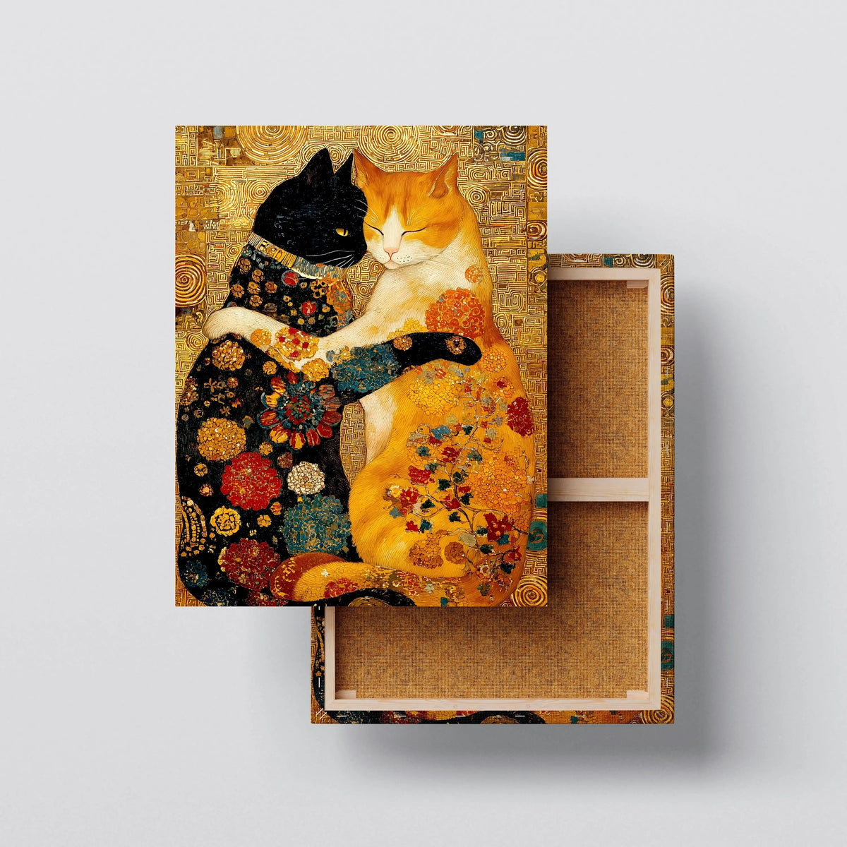 Golden Feline Embrace canvas print, front view with gallery-wrapped edge