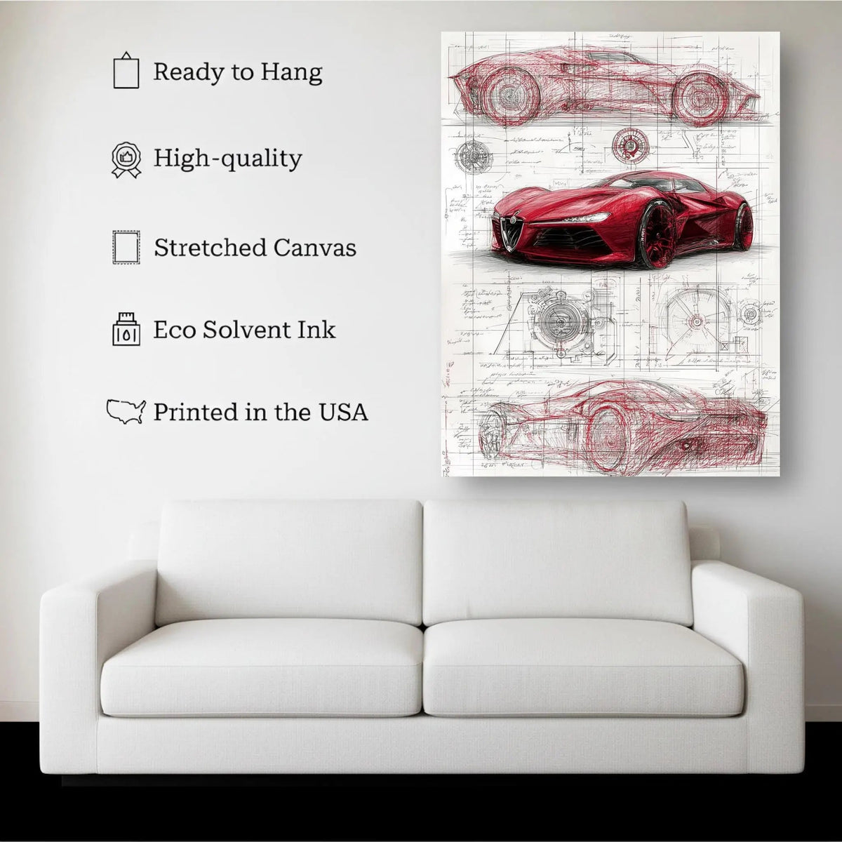 1.5 inch deep stretched canvas edge detail, Red Supercar Blueprint