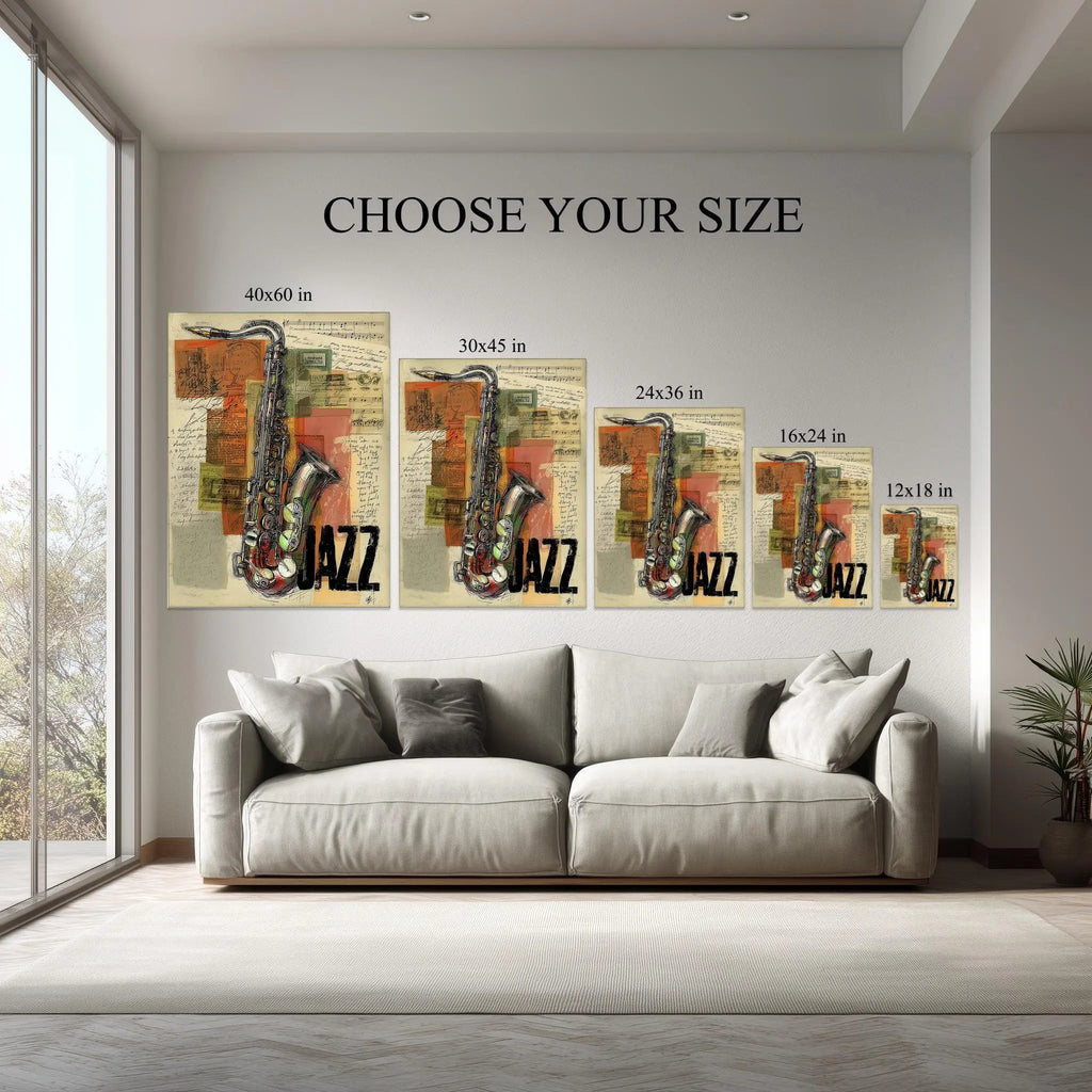 Vintage Jazz Saxophone canvas hanging on a living room wall above a white sofa