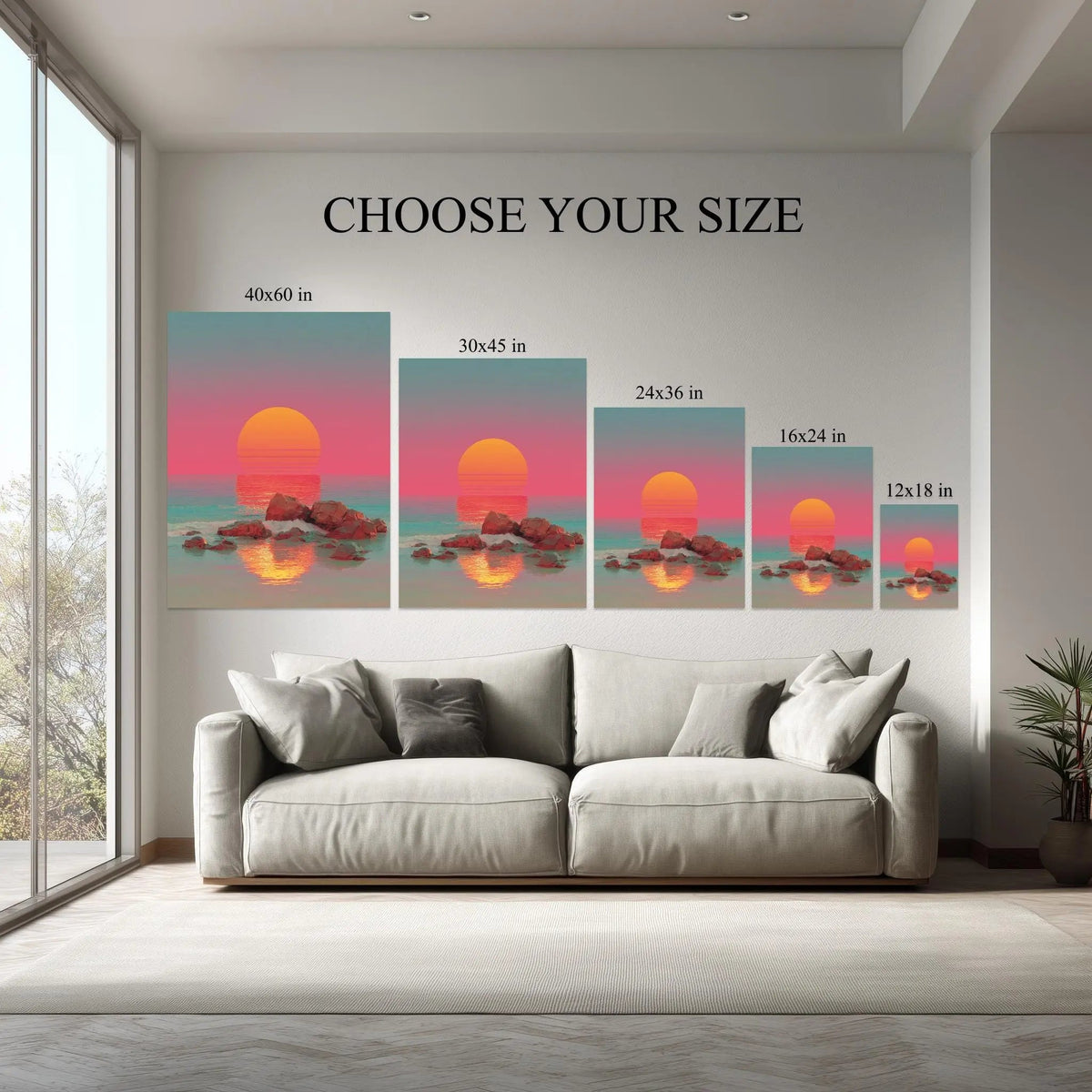 Ocean Glow canvas hanging on a living room wall above a white sofa