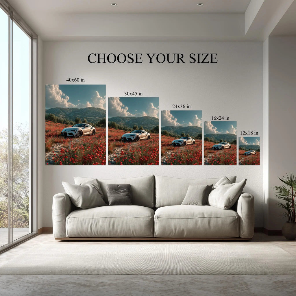 Crimson Valley canvas hanging on a living room wall above a white sofa