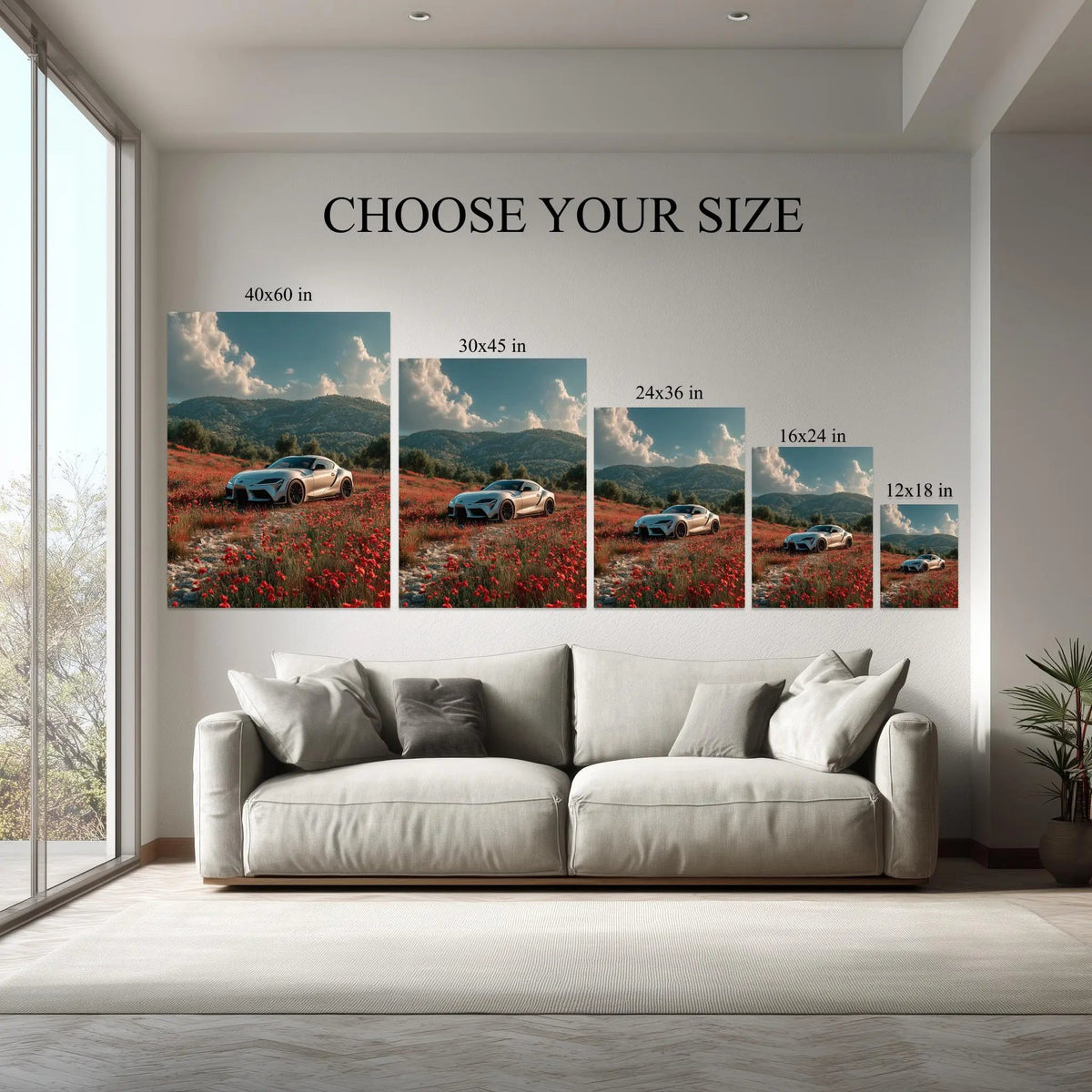 Crimson Valley canvas hanging on a living room wall above a white sofa