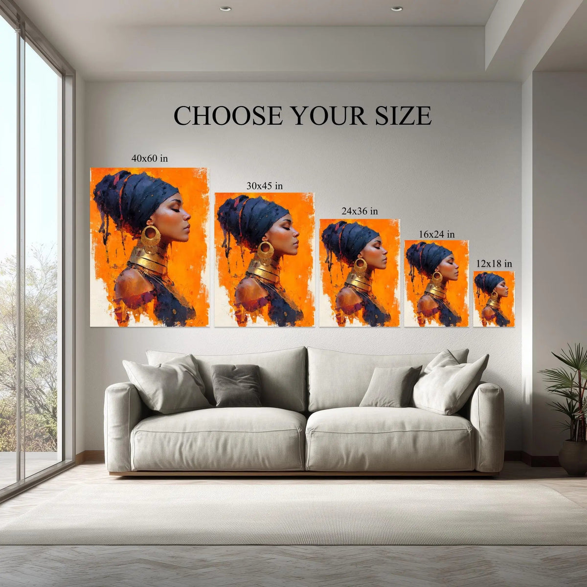 Golden Heritage canvas size comparison from 12x18 to 40x60 in above a sofa