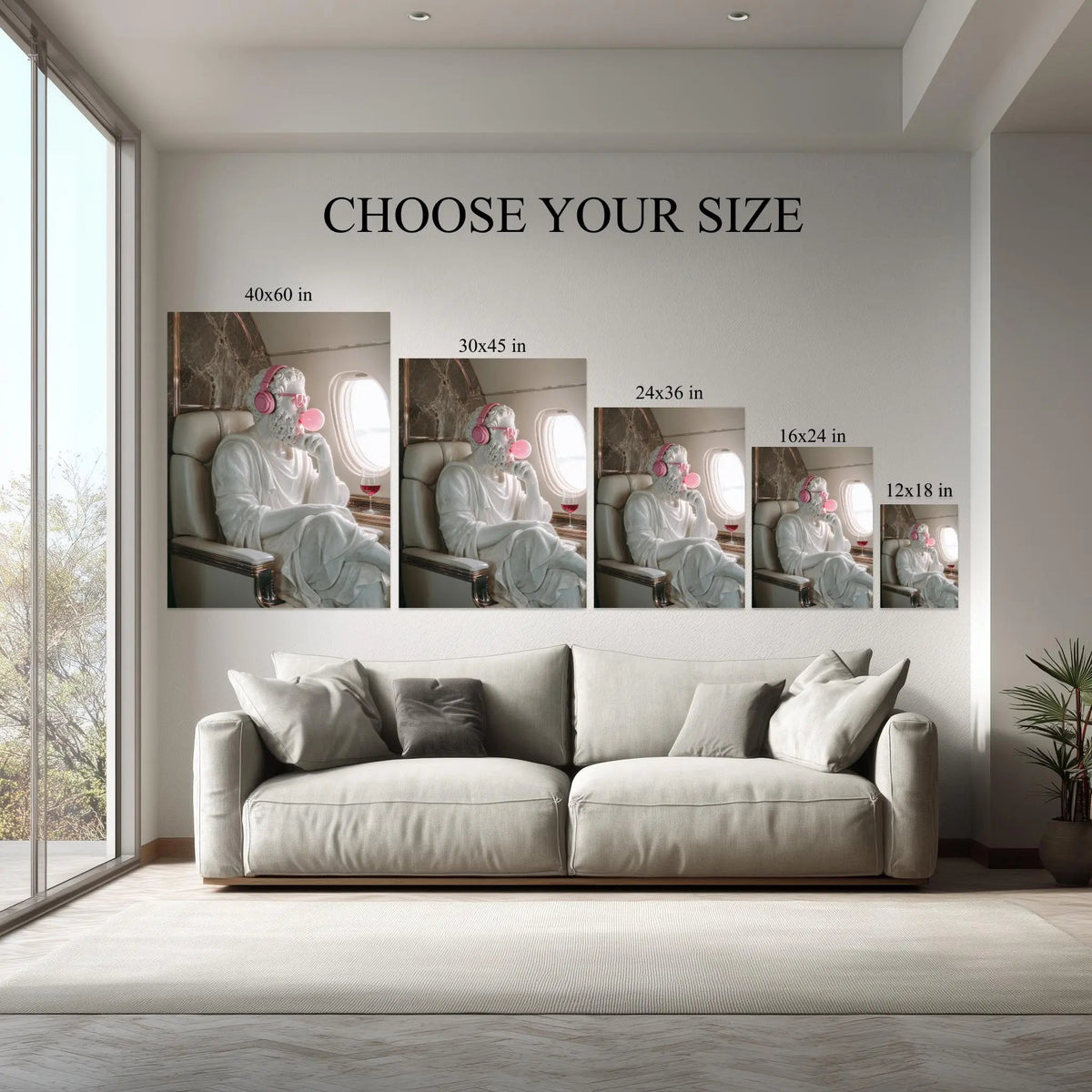Modern Zeus canvas size comparison from 12x18 to 40x60 in above a sofa