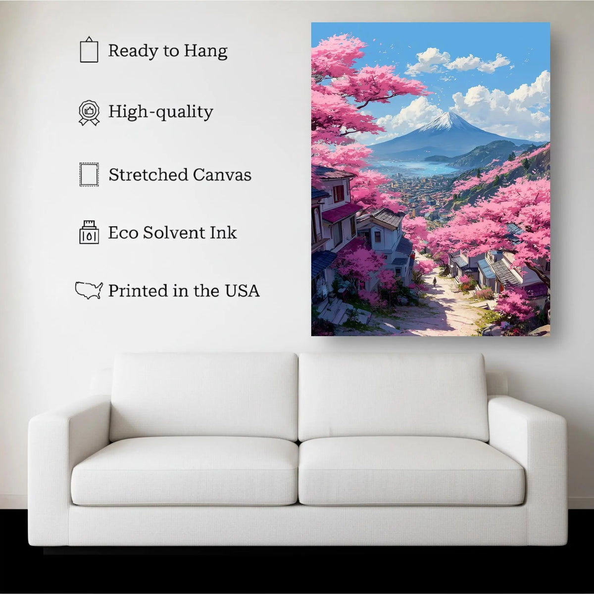 Cherry Blossom Fuji canvas hanging on a living room wall above a white sofa