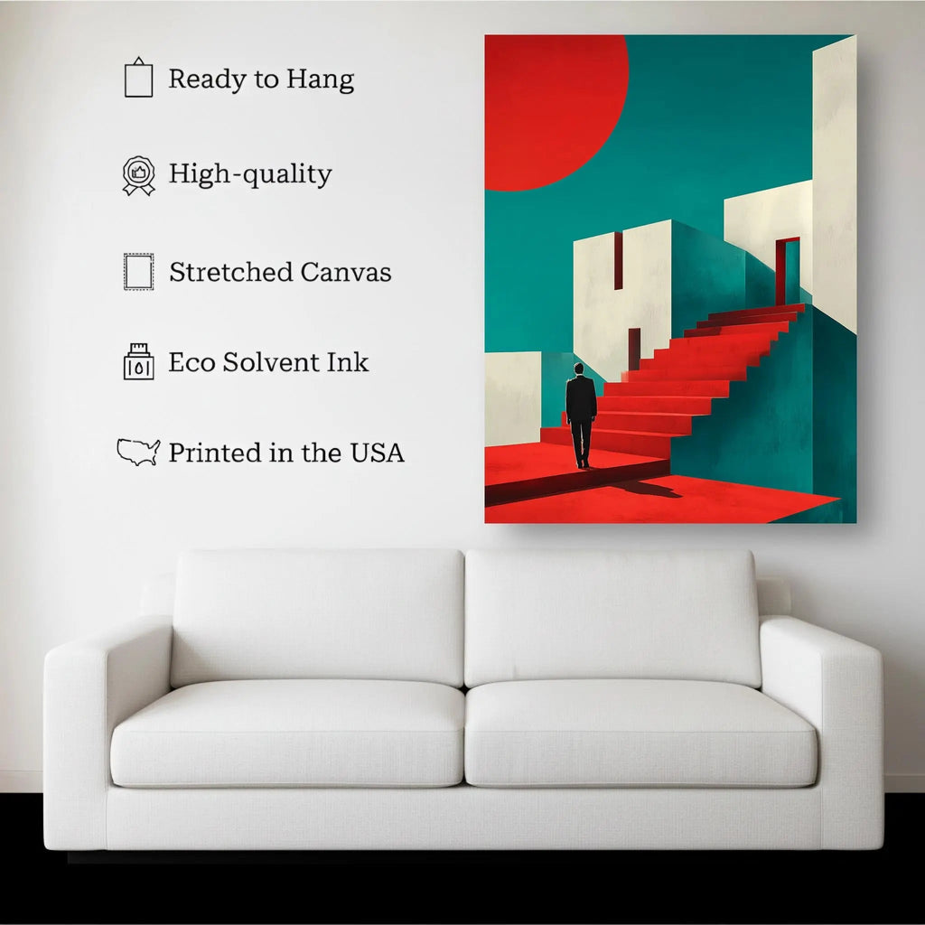 Steps to Success canvas hanging on a living room wall above a white sofa
