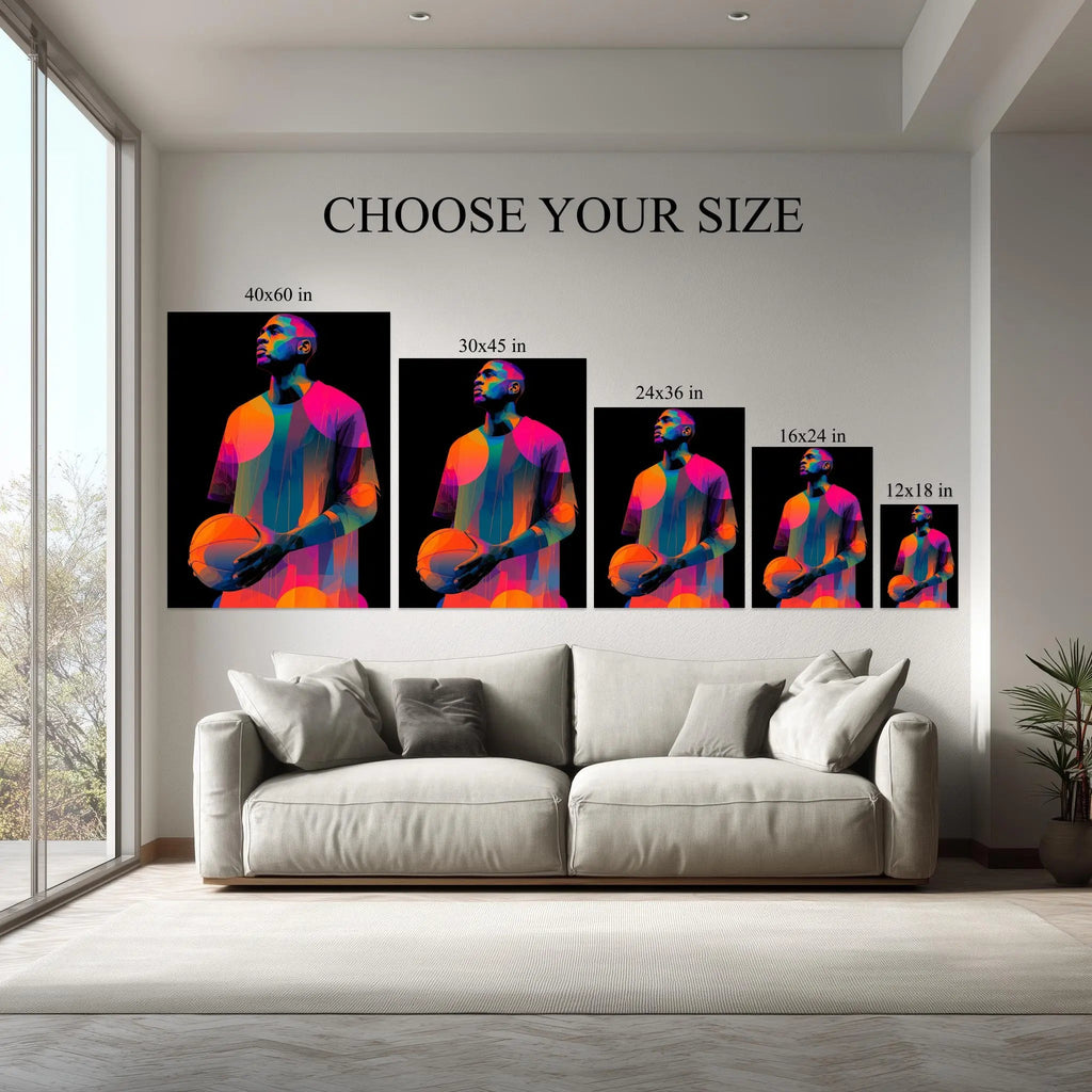 Neon Hoops canvas size comparison from 12x18 to 40x60 in above a sofa