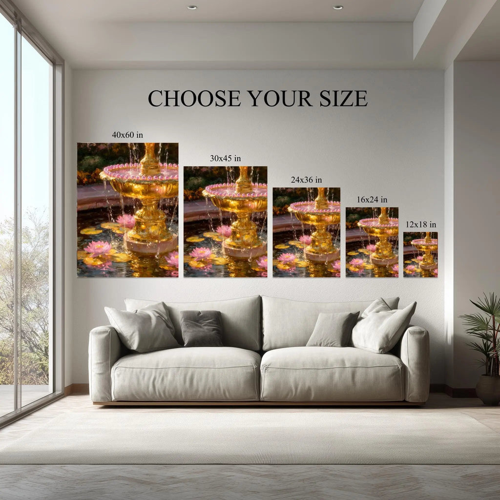 Golden Piece canvas size comparison from 12x18 to 40x60 in above a sofa