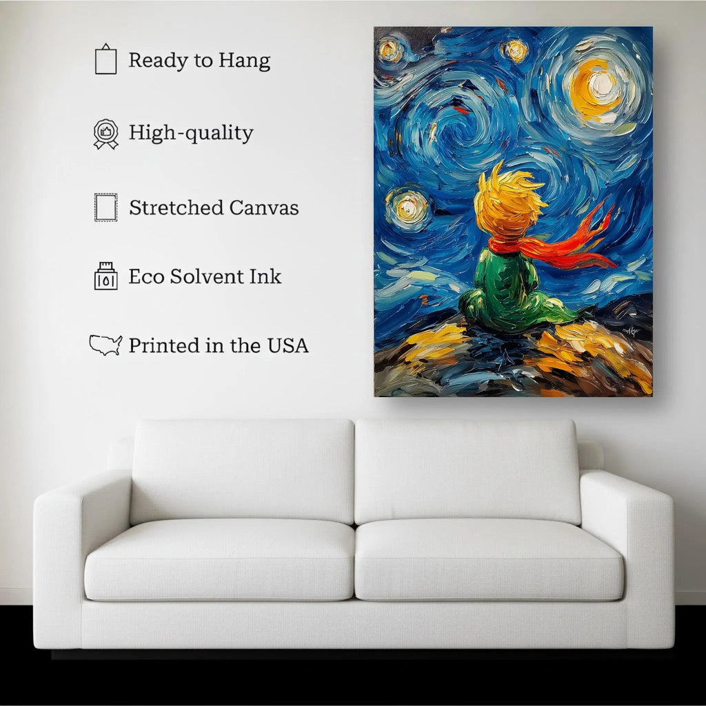 Cosmic Dream canvas hanging on a living room wall above a white sofa
