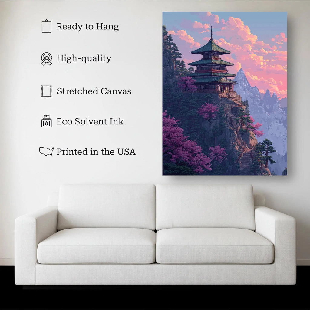 Temple of Stillness canvas hanging on a living room wall above a white sofa