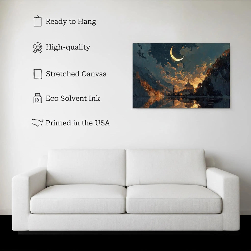 Moonlit Valley canvas hanging on a living room wall above a white sofa