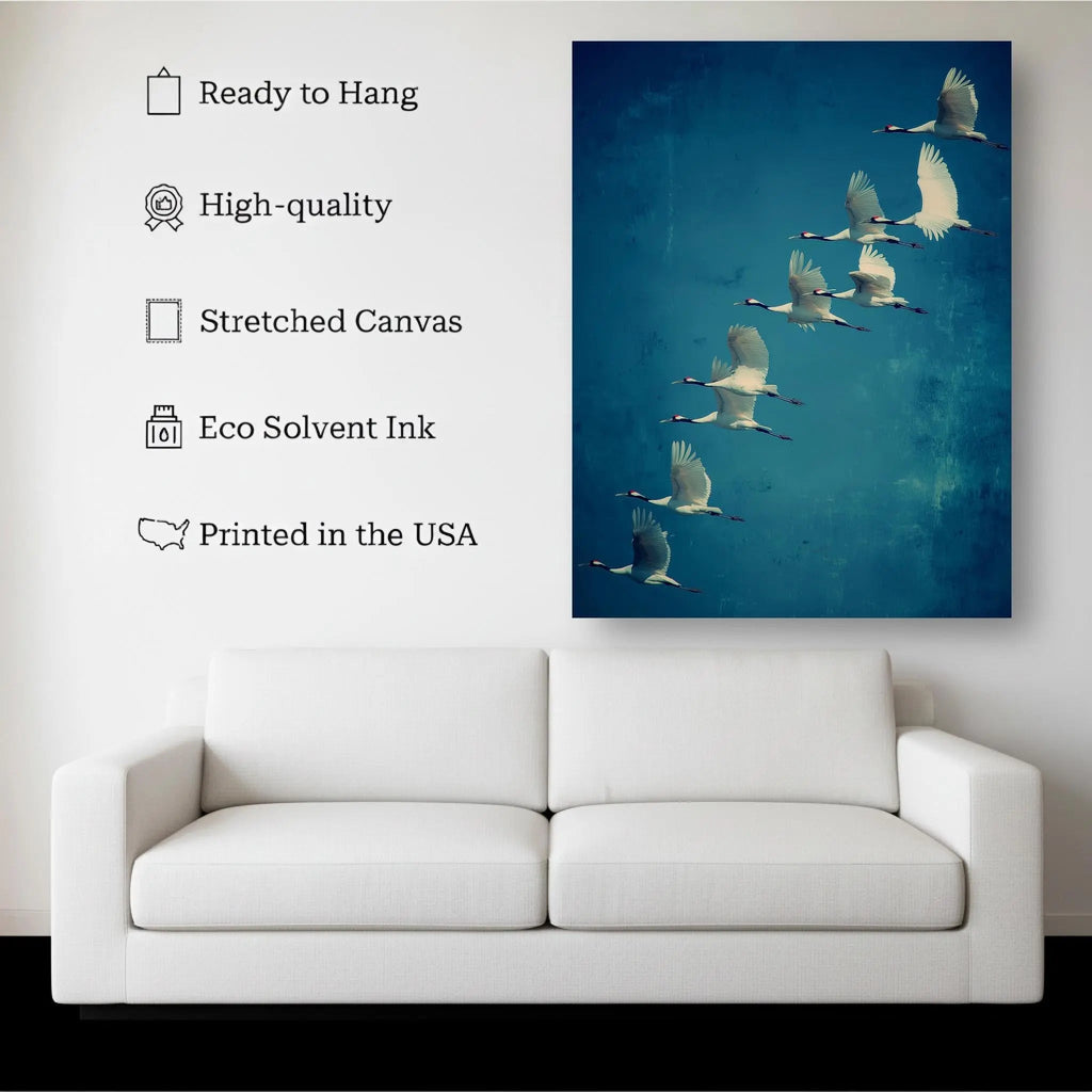 Flying Cranes canvas hanging on a living room wall above a white sofa