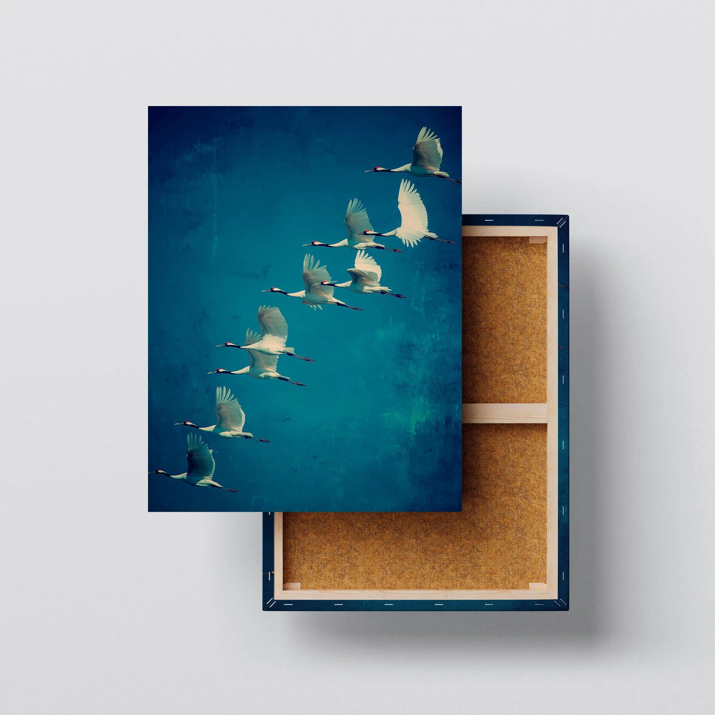 Flying Cranes canvas print, front view with gallery-wrapped edge