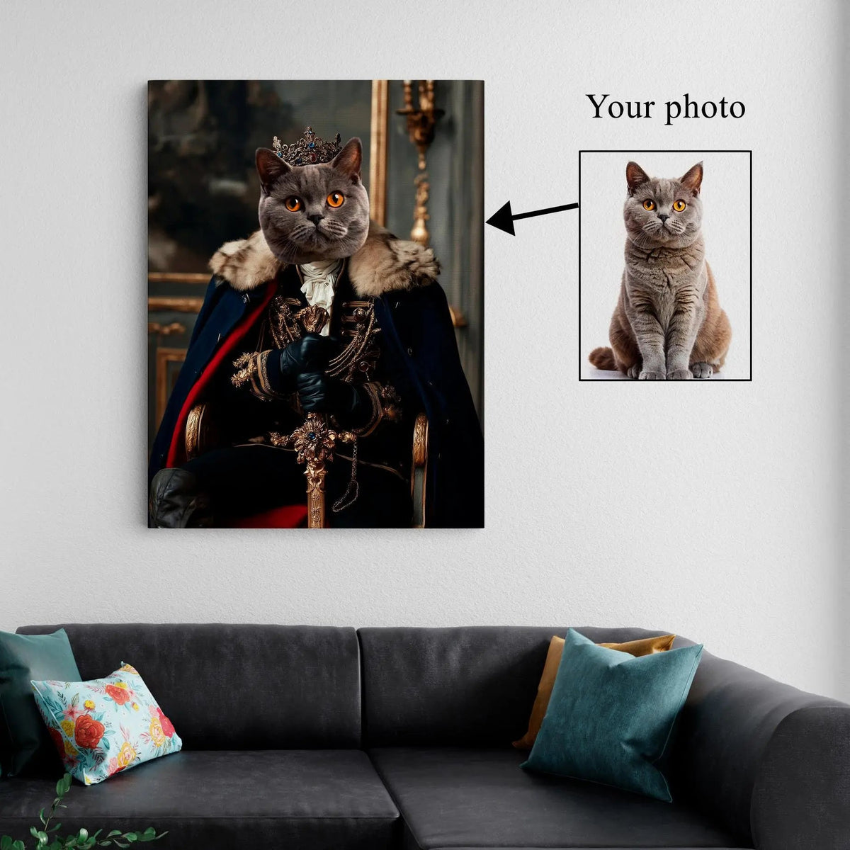 Royal Pet Portrait canvas print, front view with gallery-wrapped edge