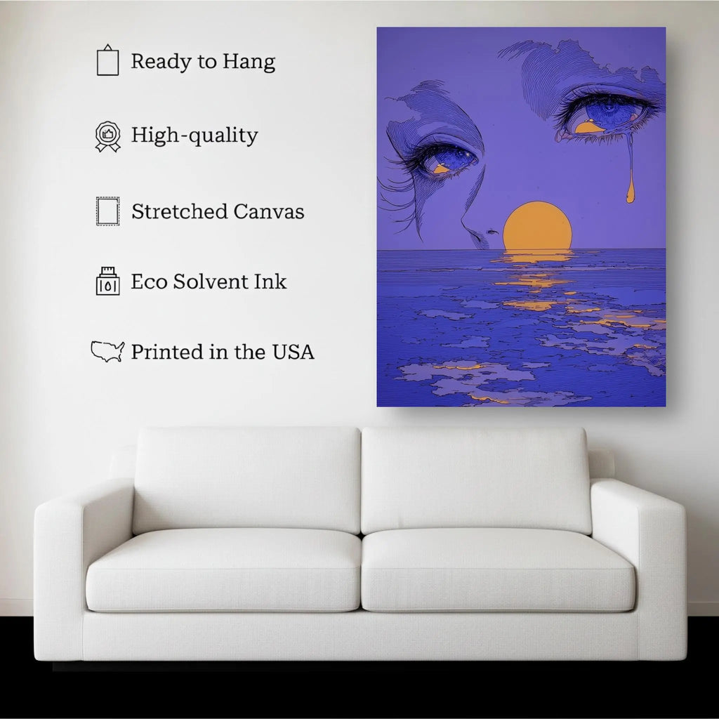 Emotional Horizon canvas hanging on a living room wall above a white sofa