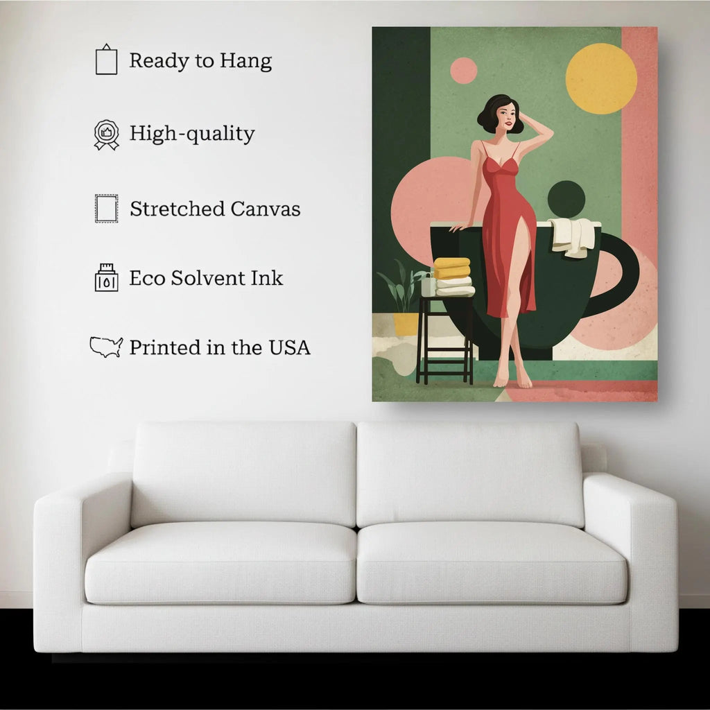 Vintage Café Muse canvas hanging on a living room wall above a white sofa