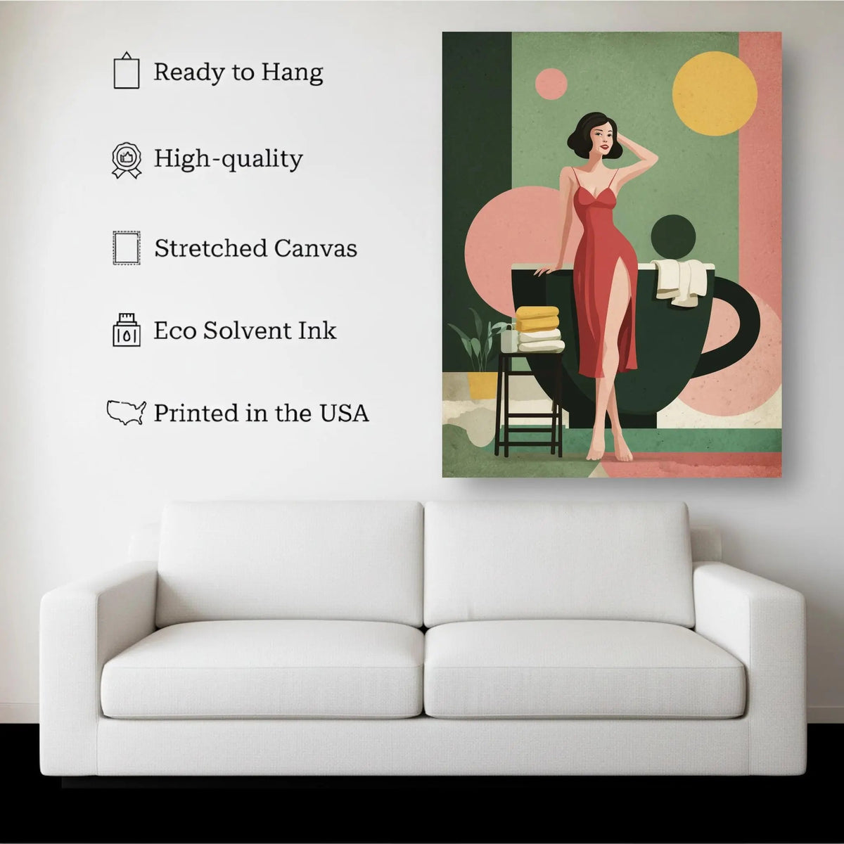 Vintage Café Muse canvas hanging on a living room wall above a white sofa
