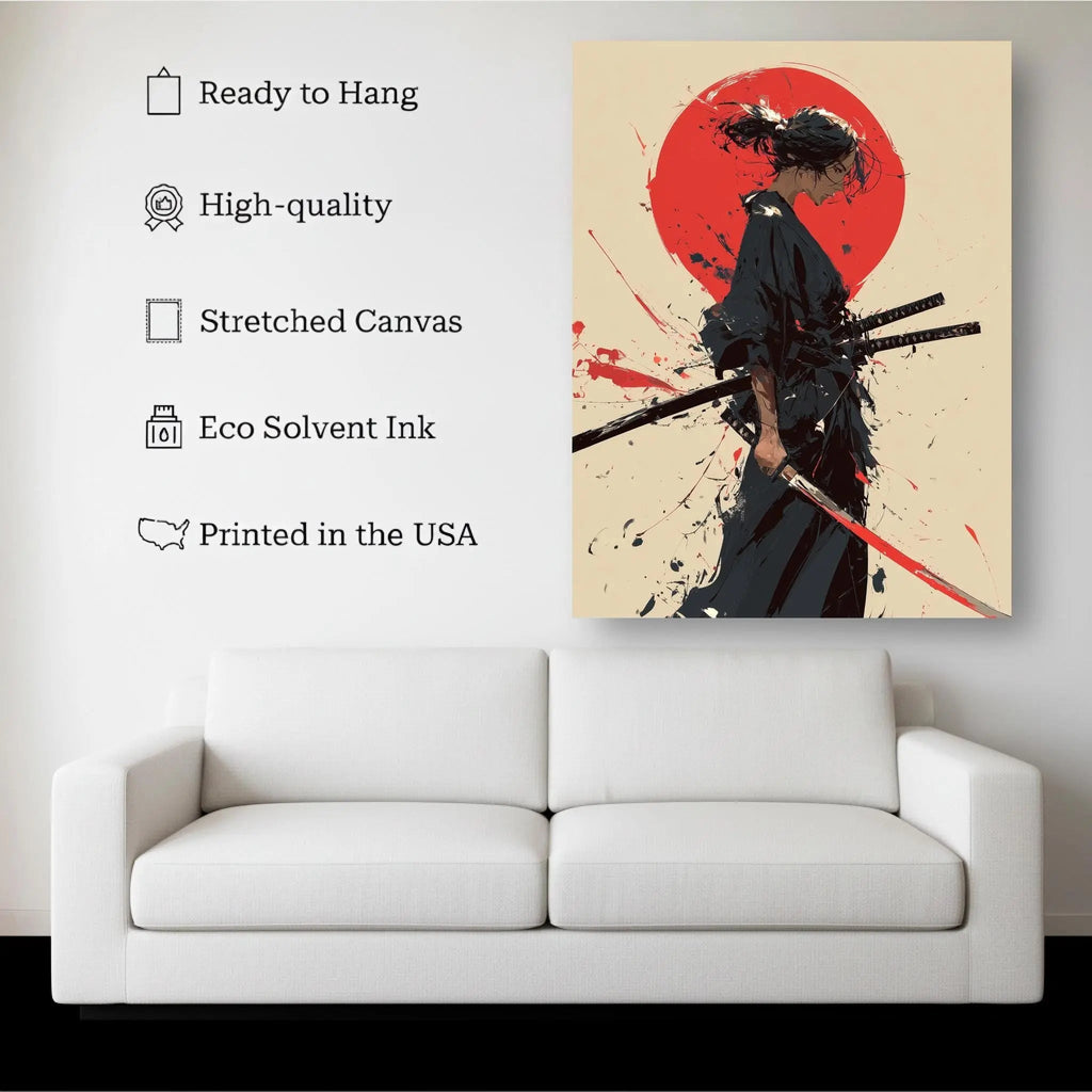 Crimson Sun canvas hanging on a living room wall above a white sofa
