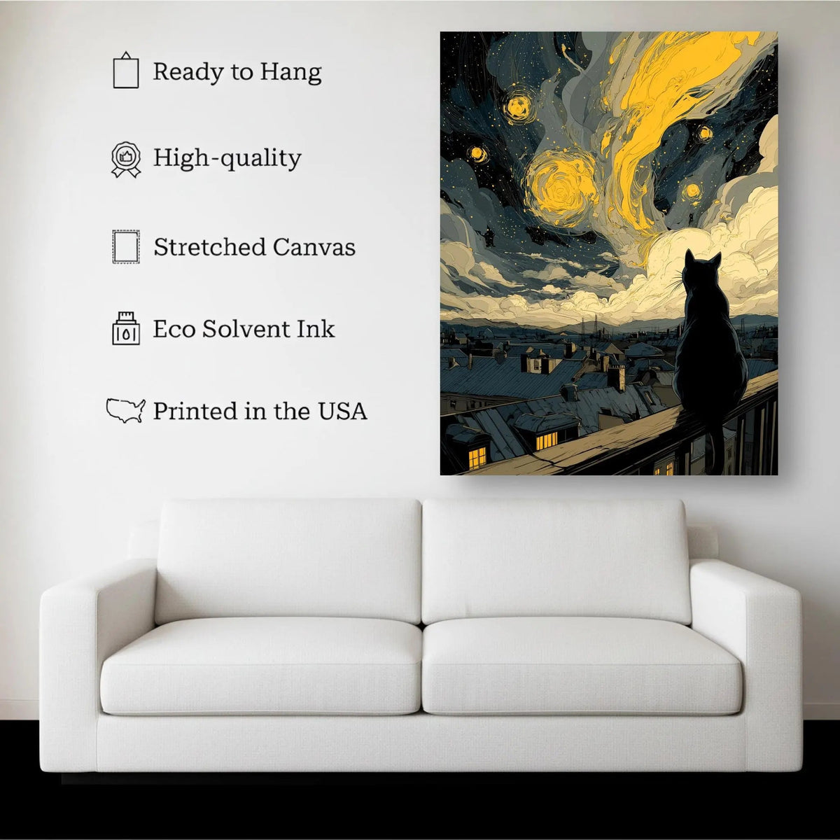 City of Stars canvas hanging on a living room wall above a white sofa