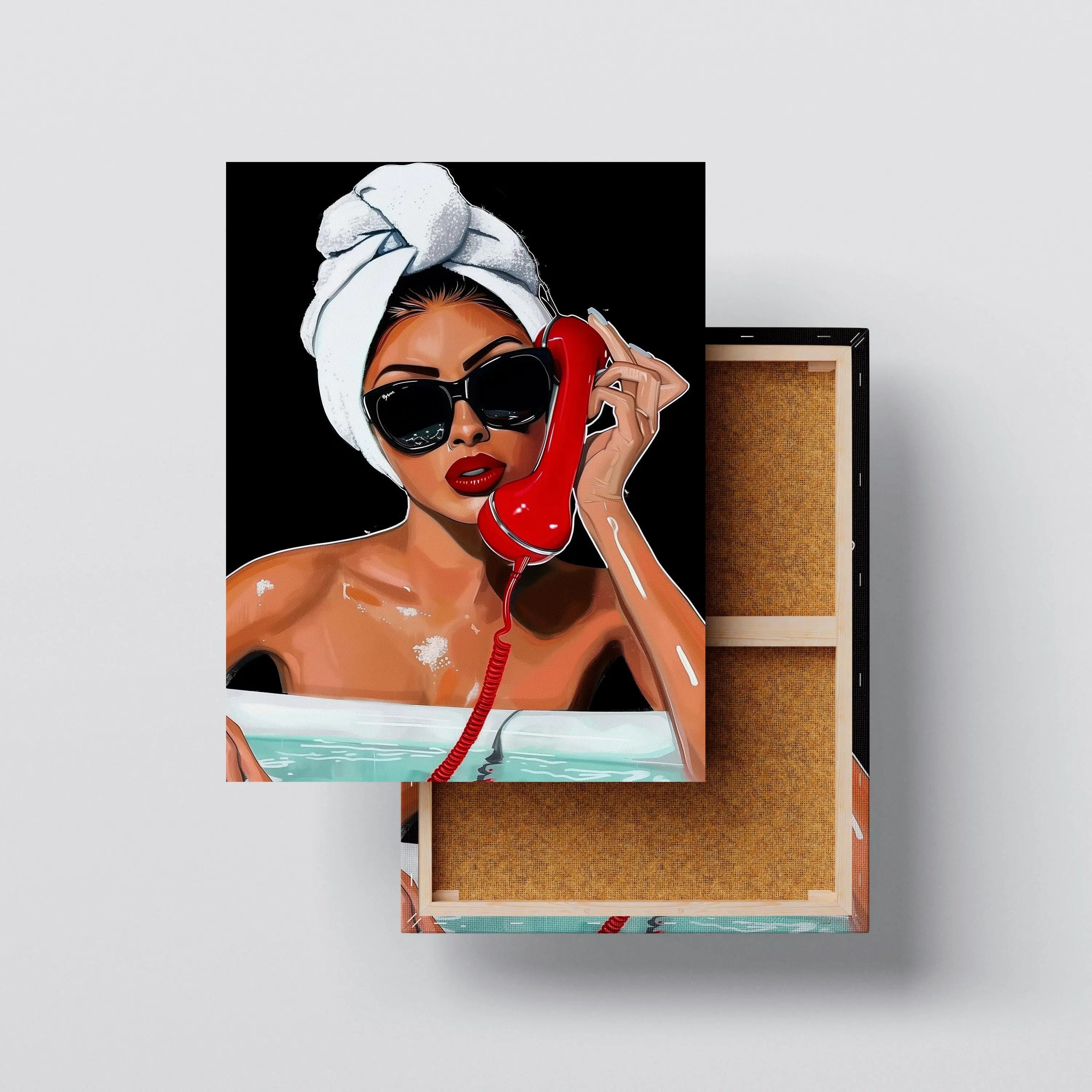 Hotline Luxe – Glamorous Woman in Bathtub with Red Phone Canvas Wall Art Kubo Gallery