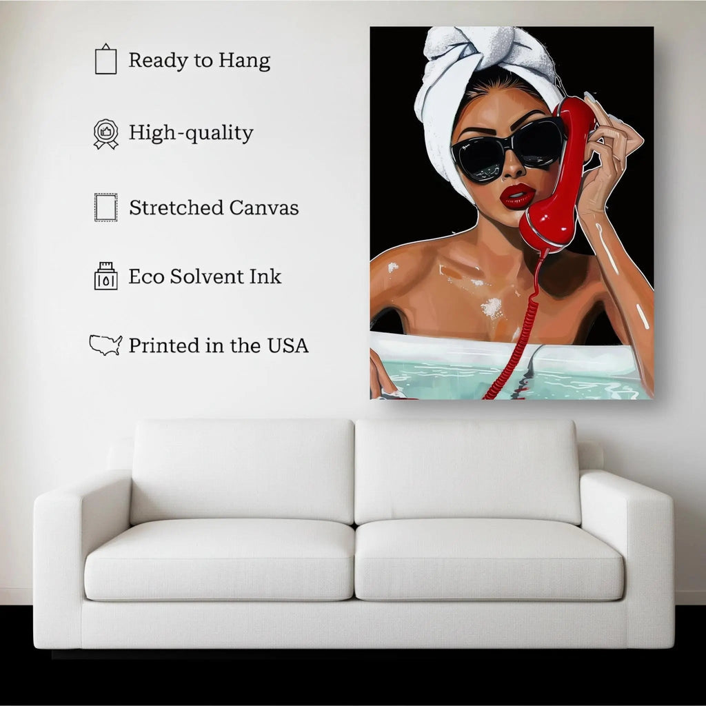 Hotline Luxe canvas hanging on a living room wall above a white sofa