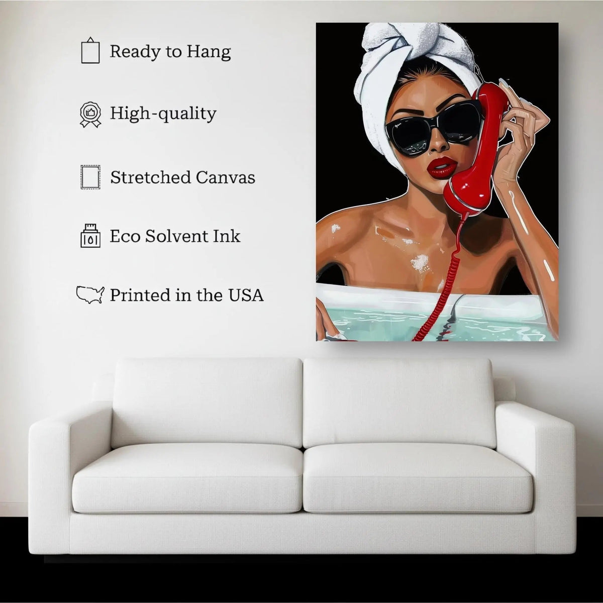 Hotline Luxe canvas hanging on a living room wall above a white sofa