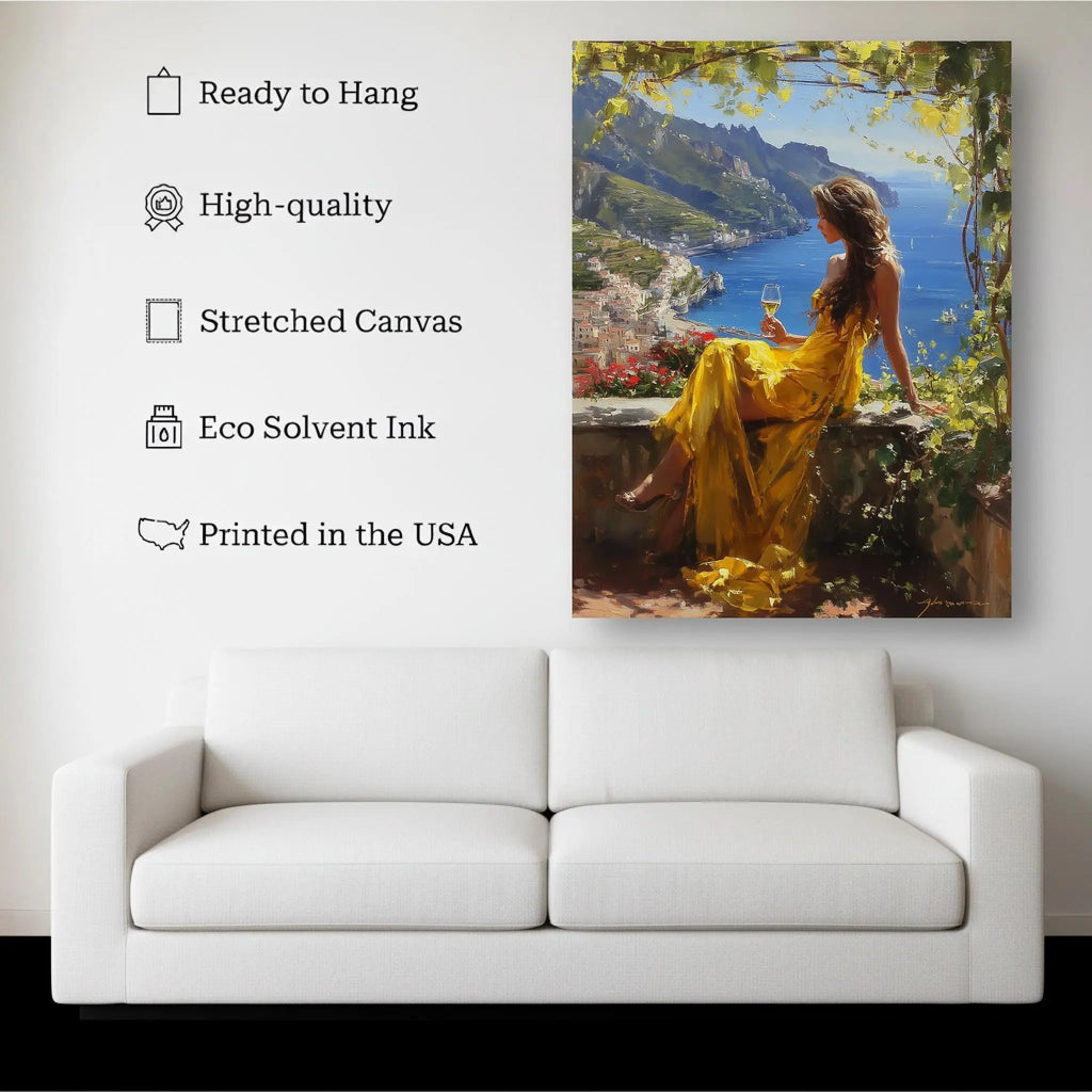 Golden Elegance canvas hanging on a living room wall above a white sofa