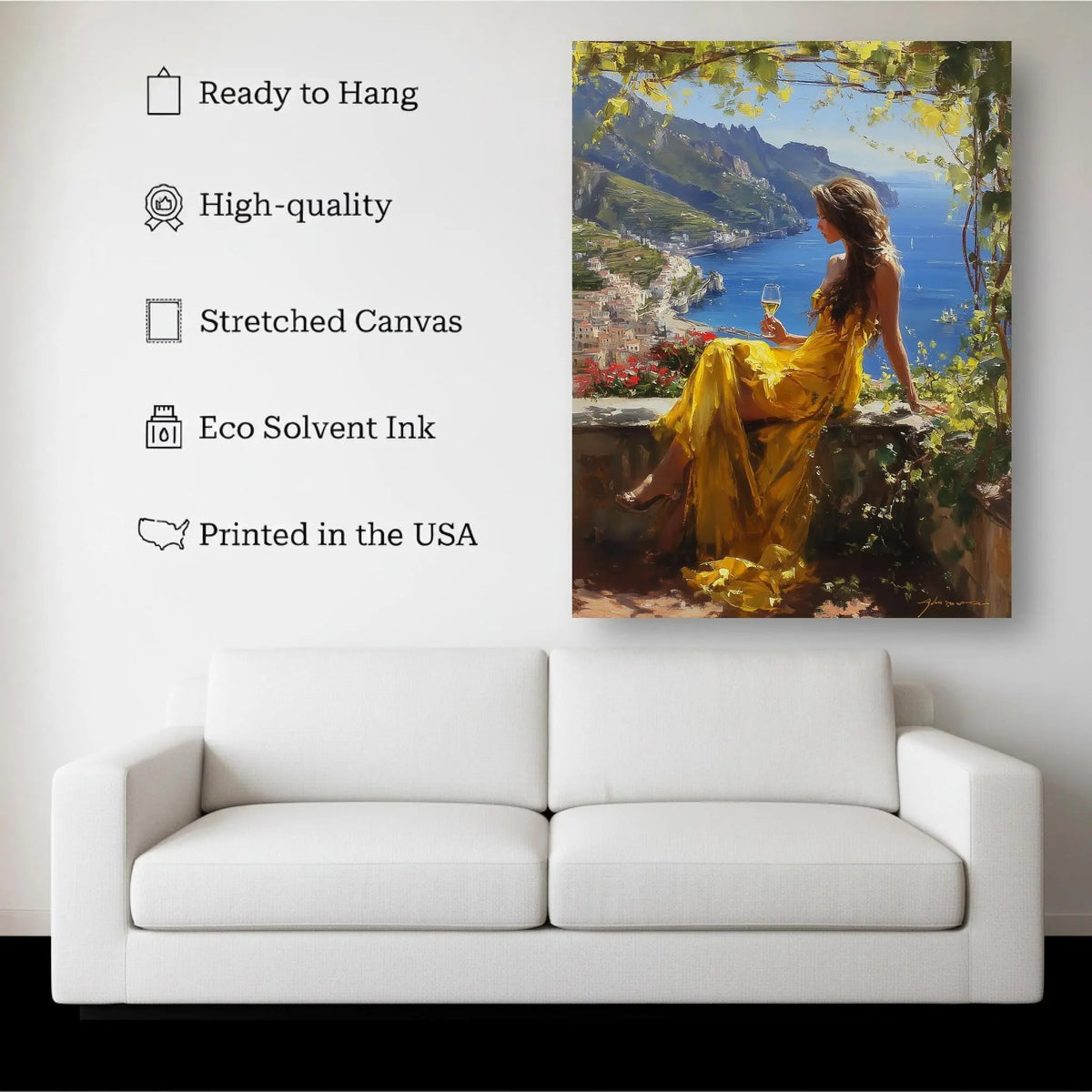 Golden Elegance canvas hanging on a living room wall above a white sofa