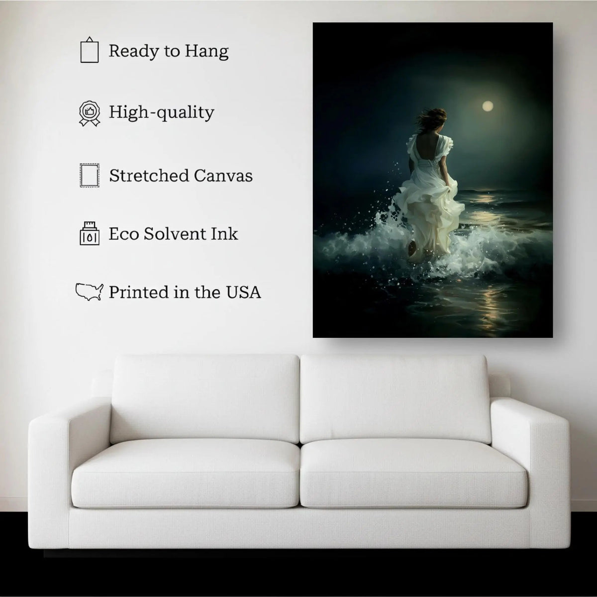 Moonlit Elegance canvas hanging on a living room wall above a white sofa