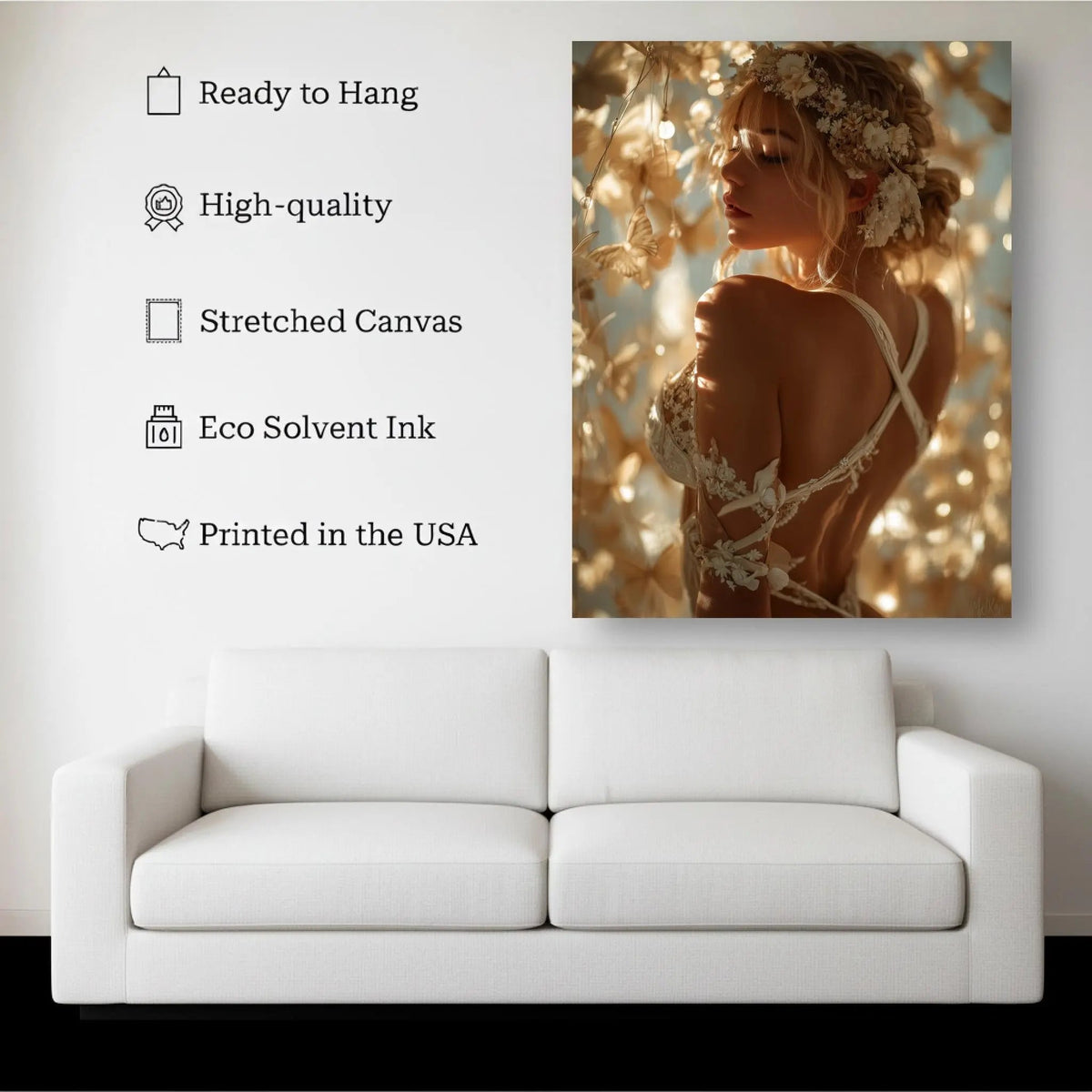 Golden Bloom canvas hanging on a living room wall above a white sofa