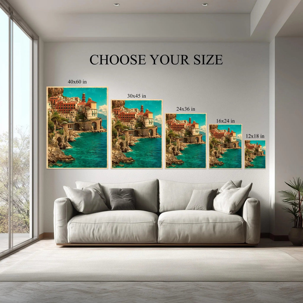 Mediterranean Escape canvas size comparison from 12x18 to 40x60 in above a sofa