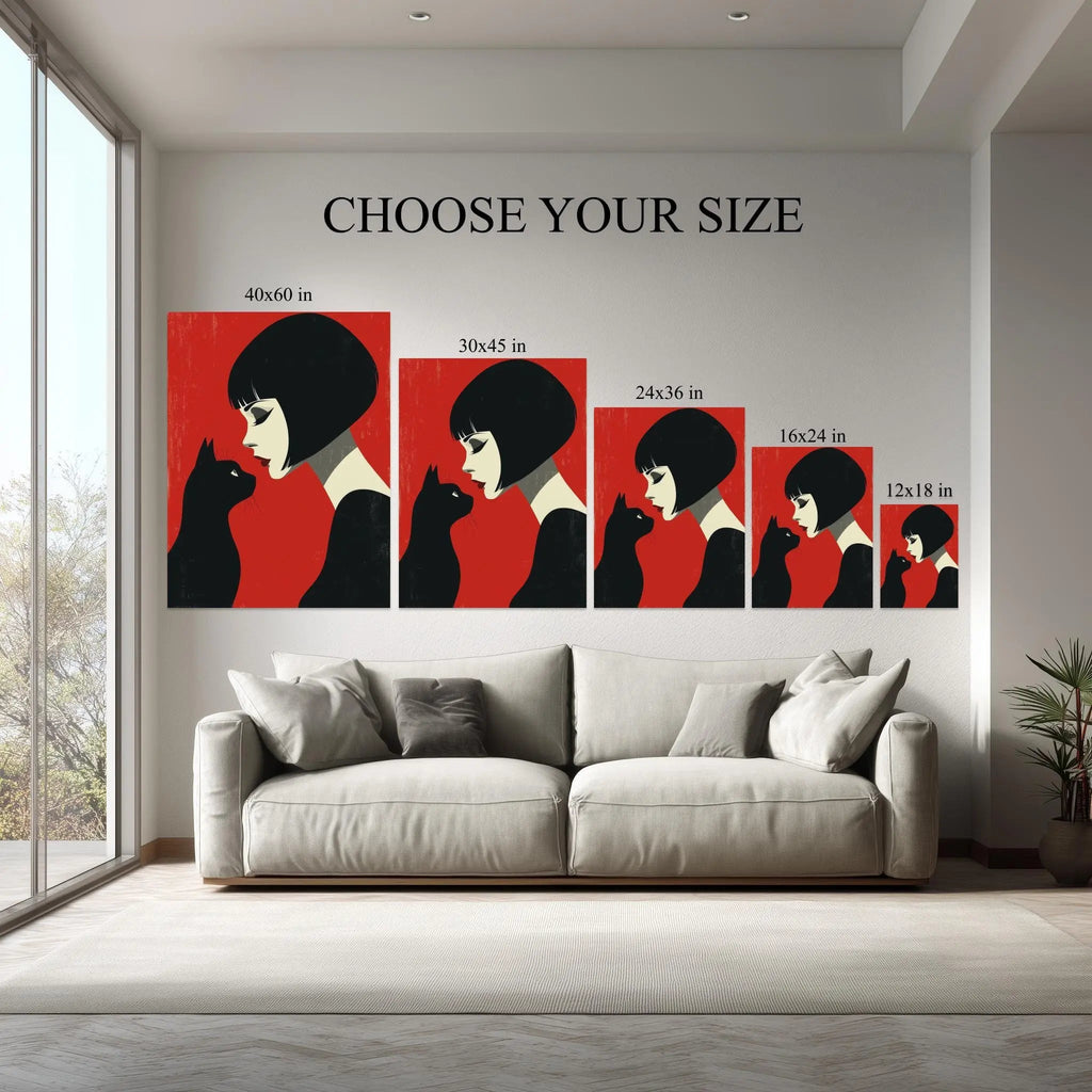 Femme & Feline canvas hanging on a living room wall above a white sofa