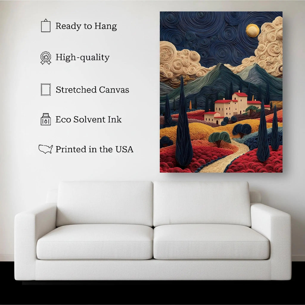 Tuscan Dreamscape canvas hanging on a living room wall above a white sofa