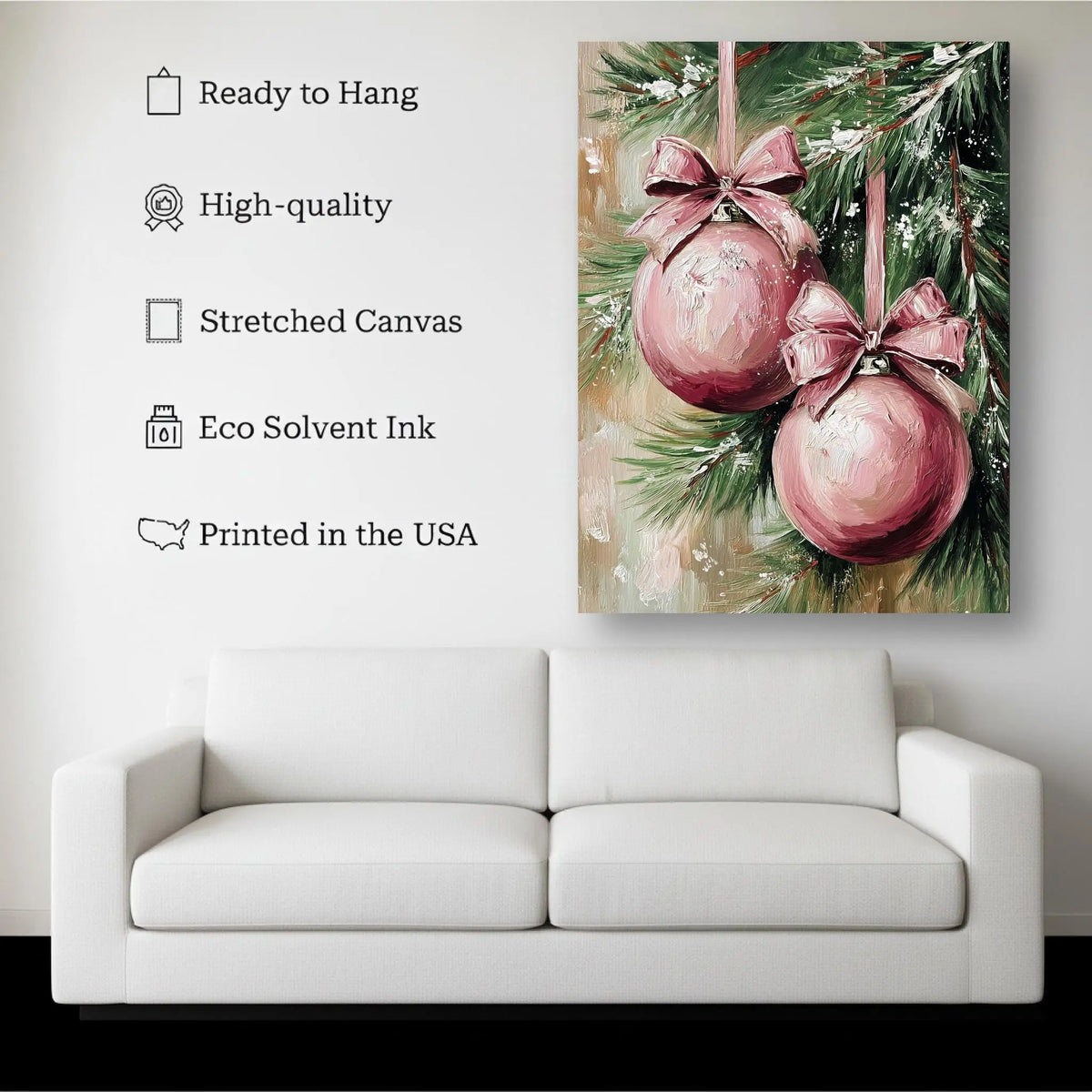 Blush Ornaments canvas hanging on a living room wall above a white sofa