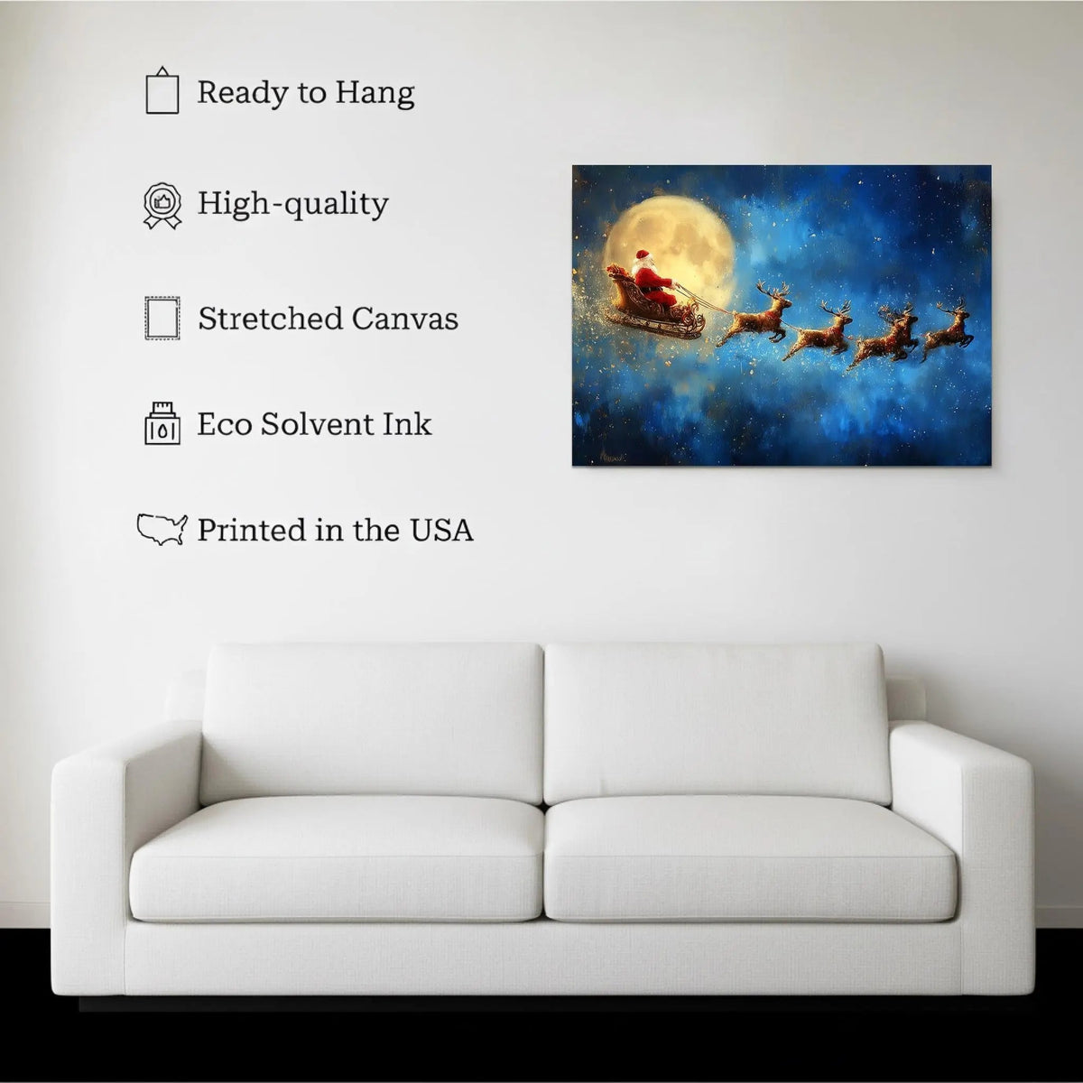 Moonlit Sleigh canvas hanging on a living room wall above a white sofa