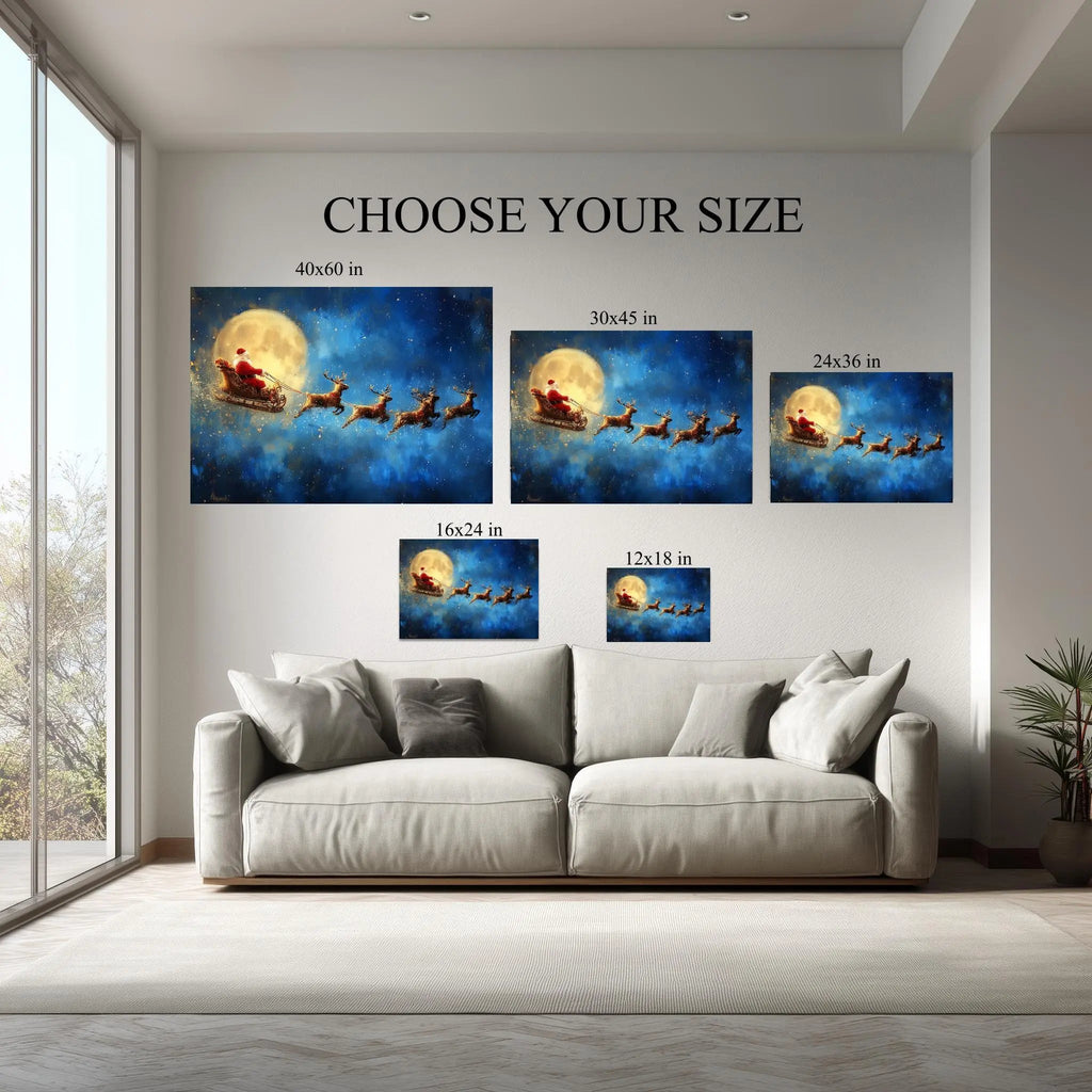 Moonlit Sleigh canvas size comparison from 12x18 to 40x60 in above a sofa