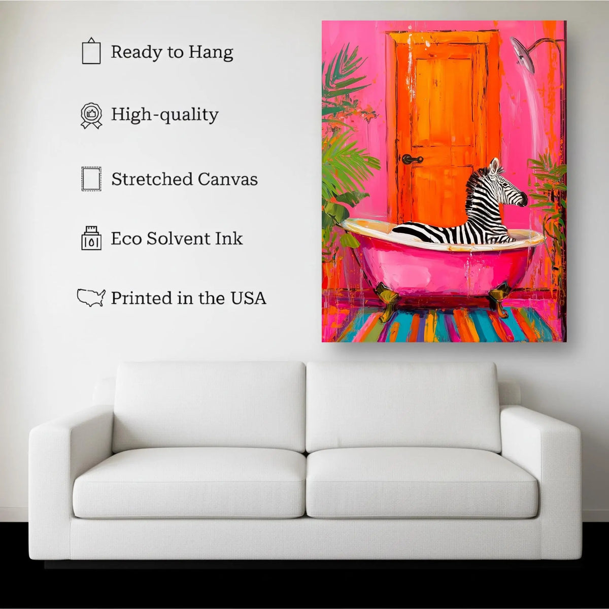 Bath Time canvas hanging on a living room wall above a white sofa