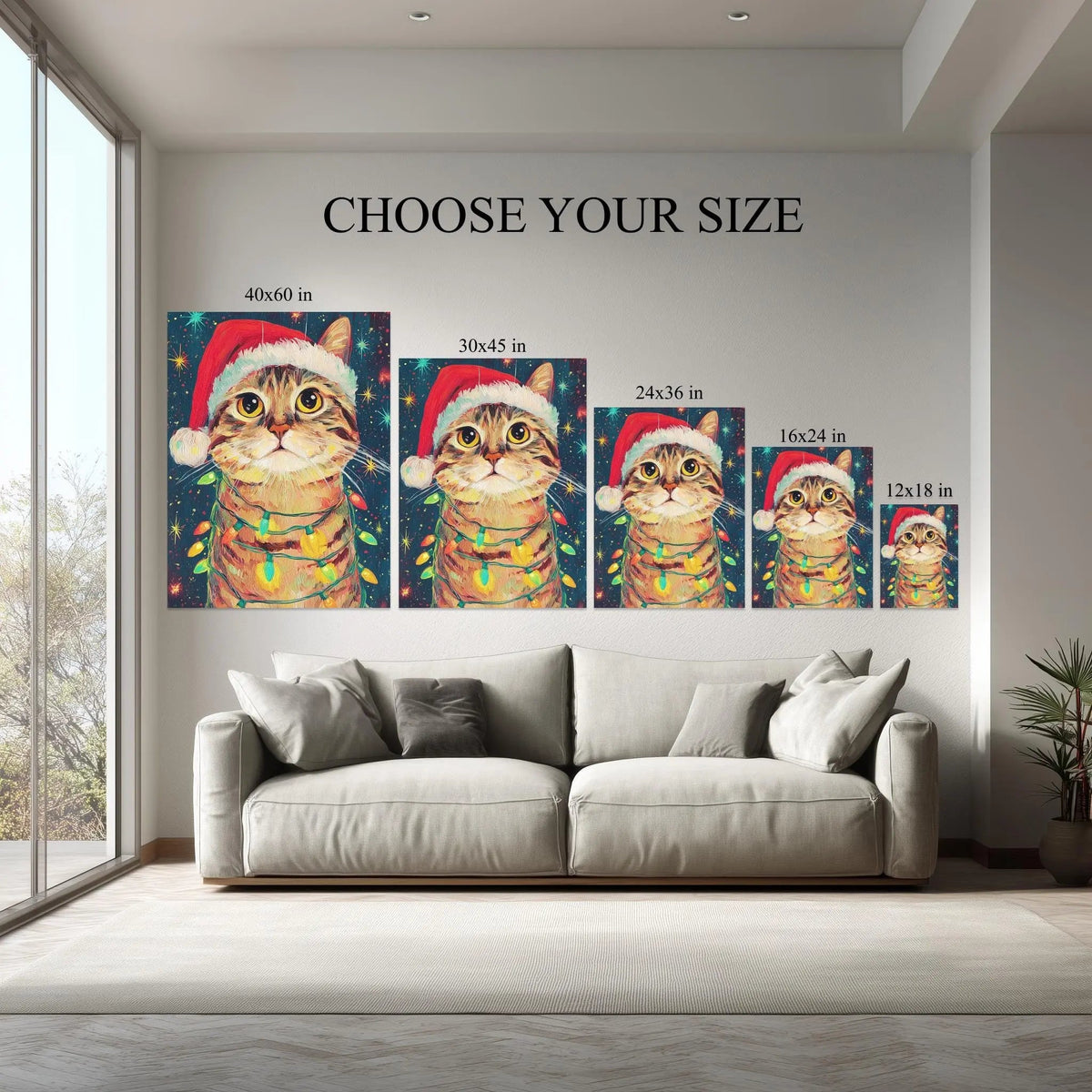 Holiday Cat canvas size comparison from 12x18 to 40x60 in above a sofa