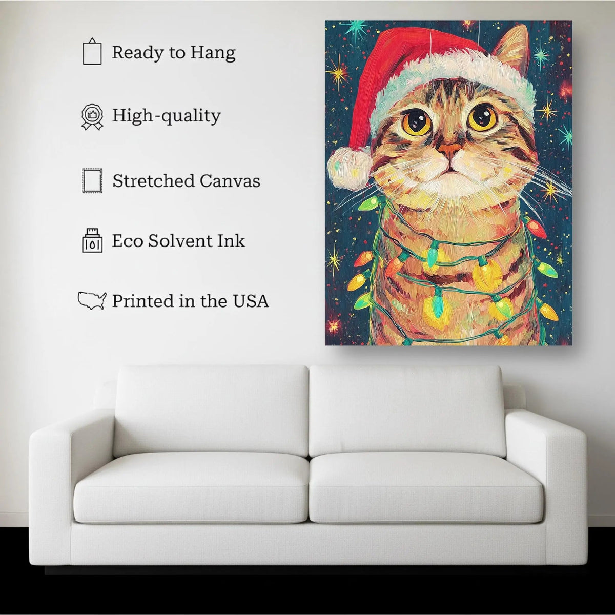Holiday Cat canvas hanging on a living room wall above a white sofa