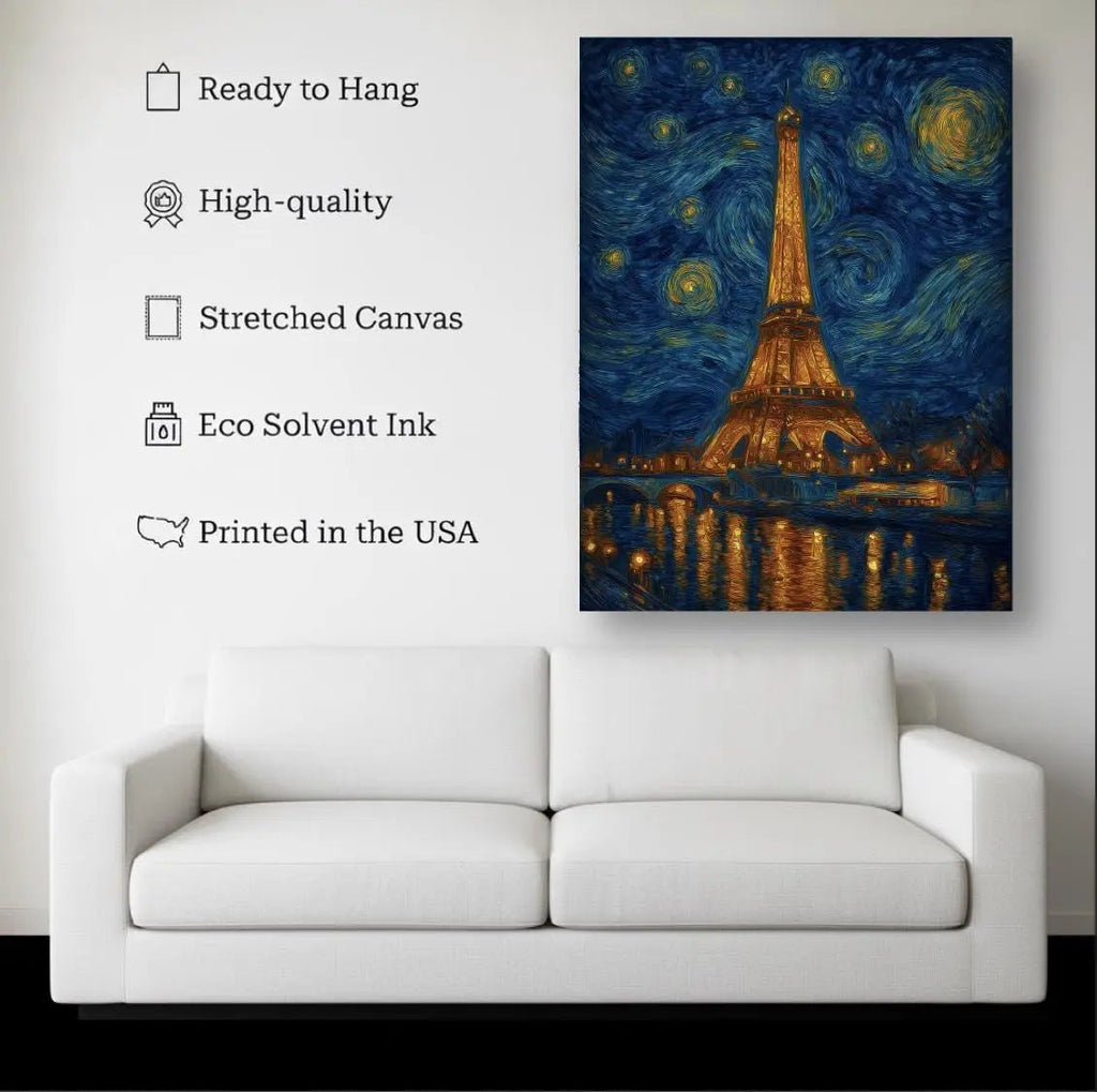 Starry Paris canvas hanging on a living room wall above a white sofa