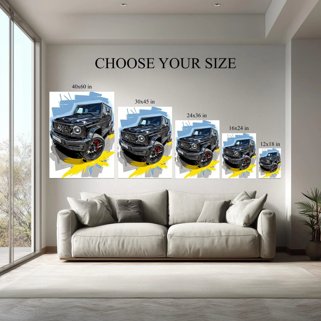 Luxury SUV canvas size comparison from 12x18 to 40x60 in above a sofa