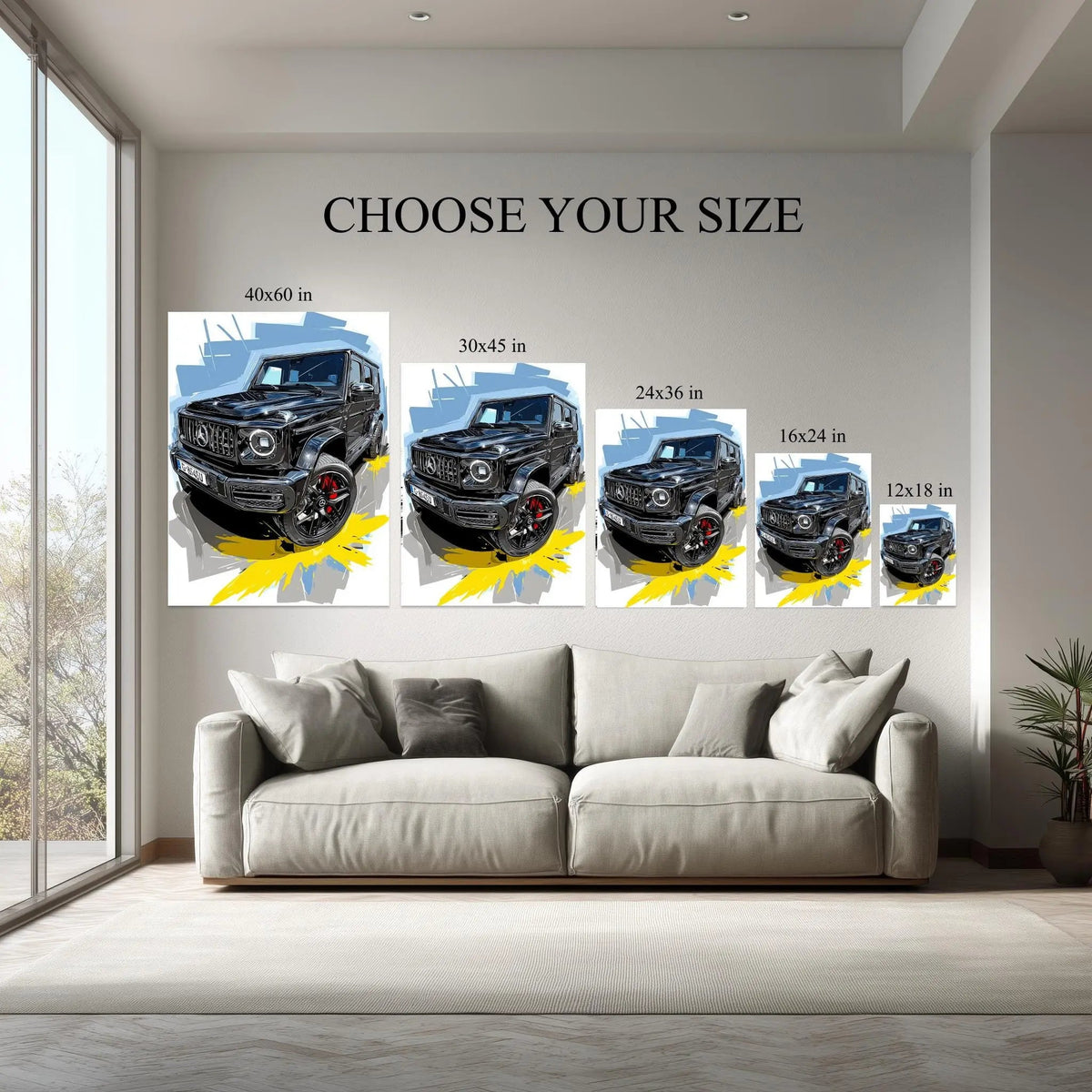 Luxury SUV canvas size comparison from 12x18 to 40x60 in above a sofa